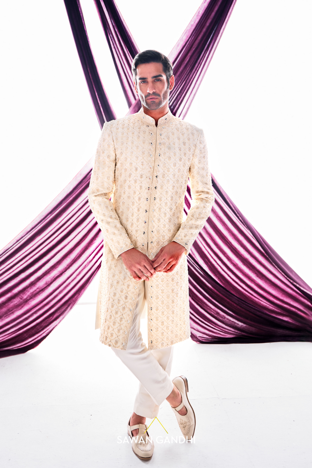 Ivory beige Chikankari sherwani