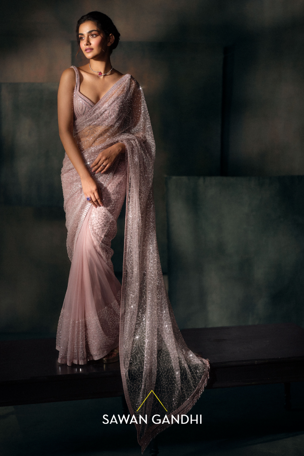 Blush pink sequins saree