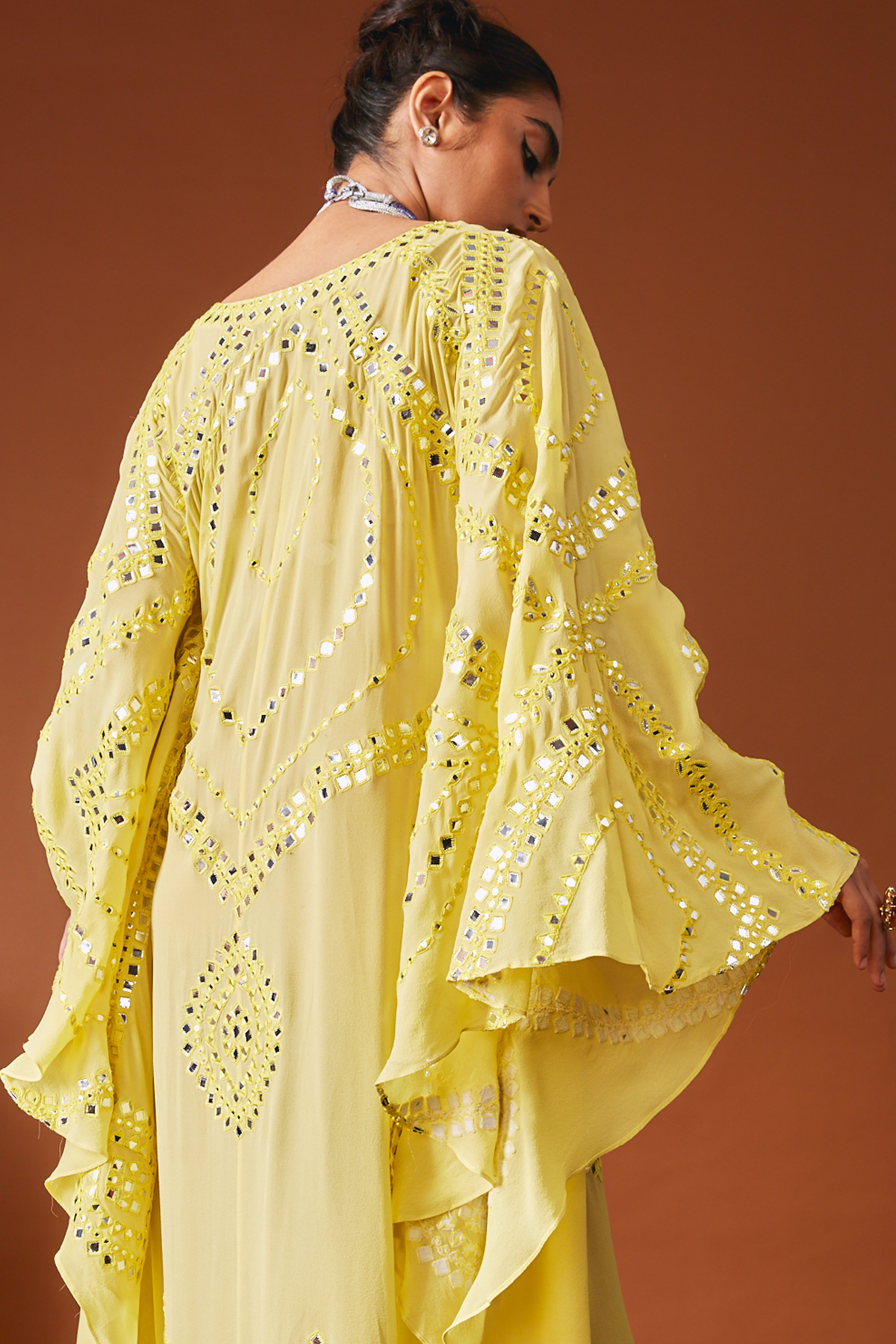 Yellow Foil And Resham Kaftan With A Belt
