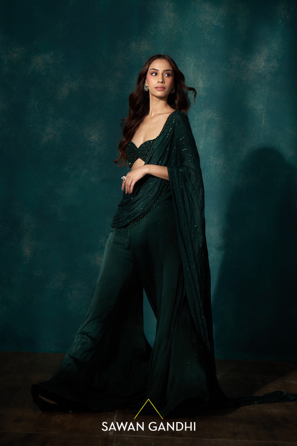 Bottle green sharara drape set