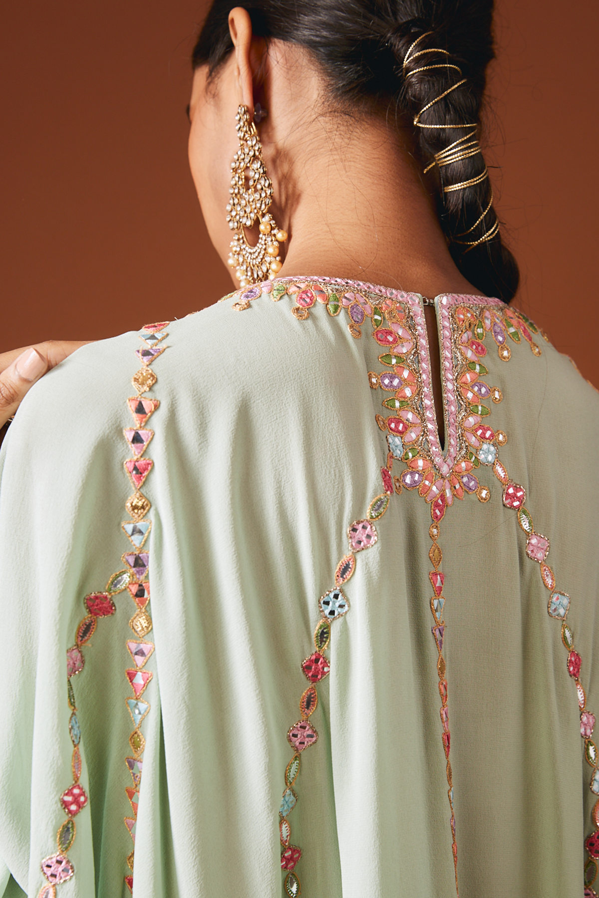 Sea Green Georgette Kaftan With Mirror And Resham