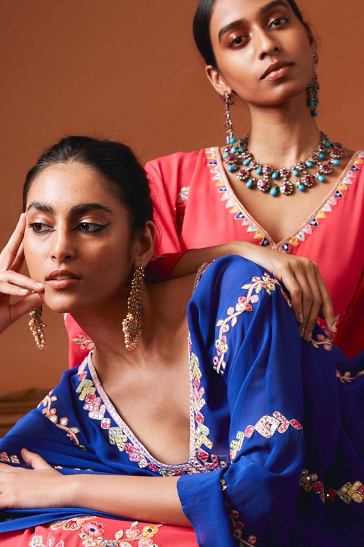 Royal Blue Georgette Kaftan With Mirror And Resham