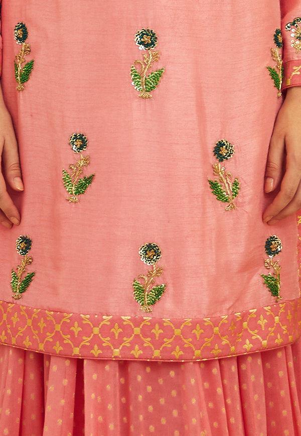 Coral Pink Kurta and Skirt Set