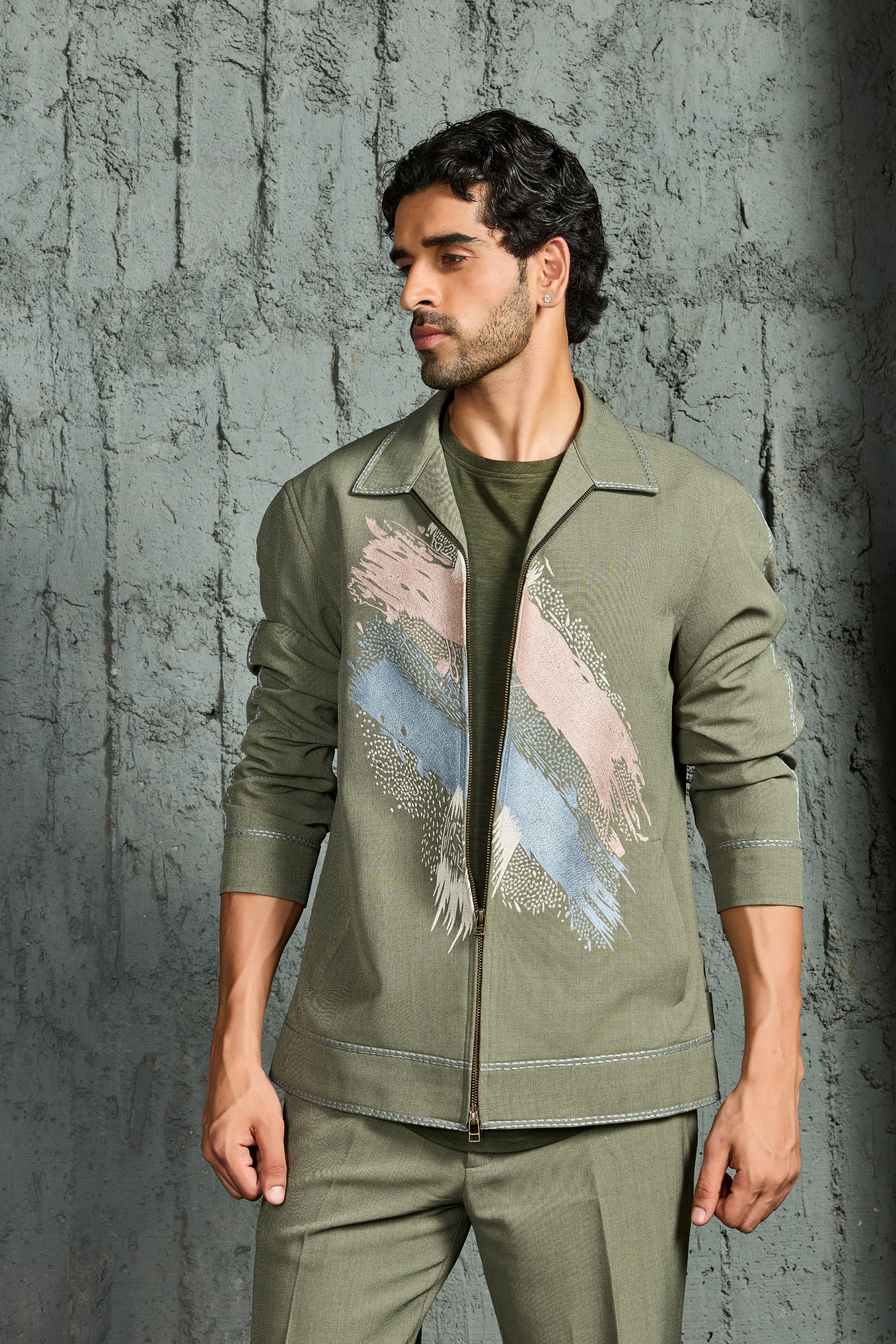 Olive Green Paint Strokes Shacket Set