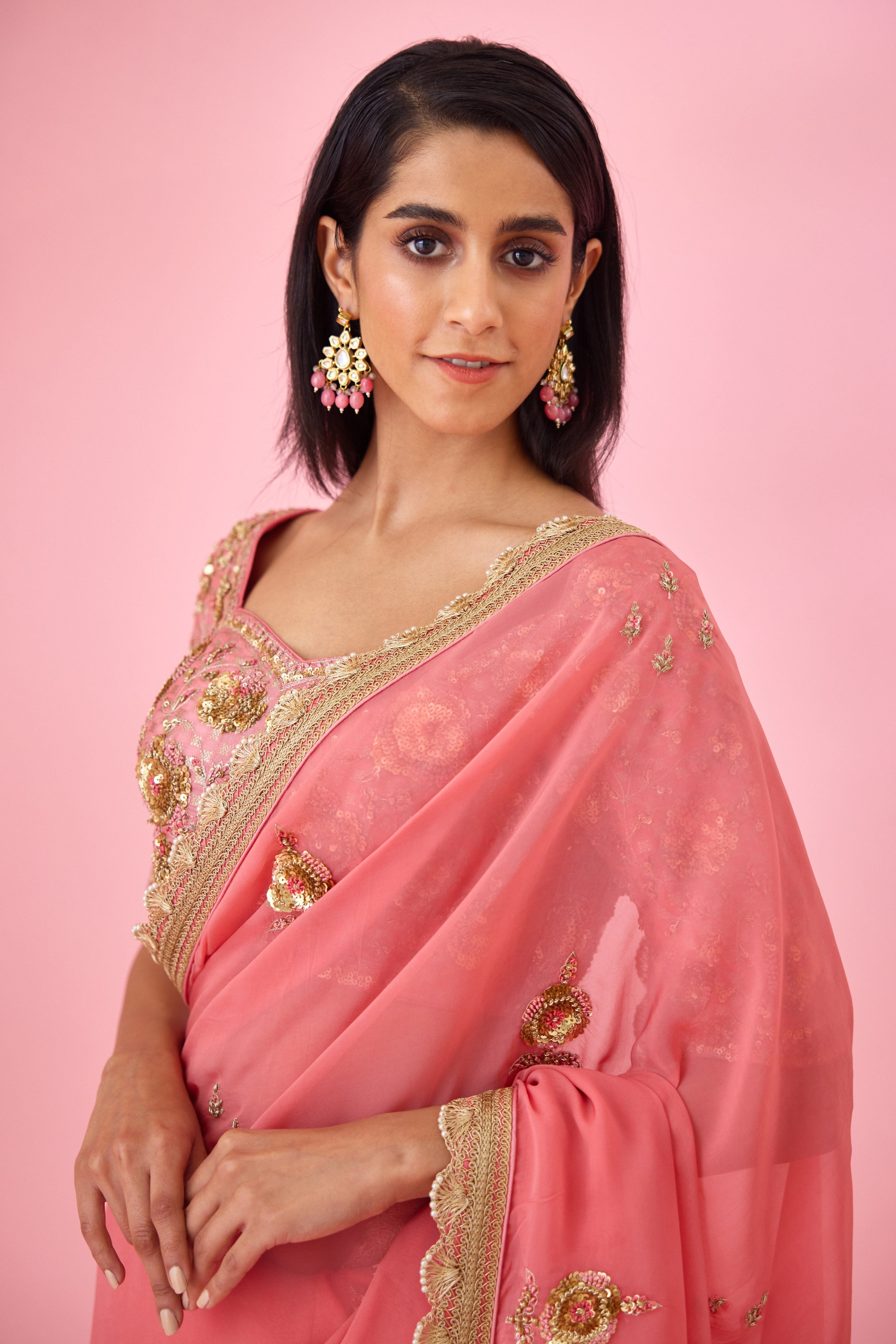 Coral Pink Saree Set