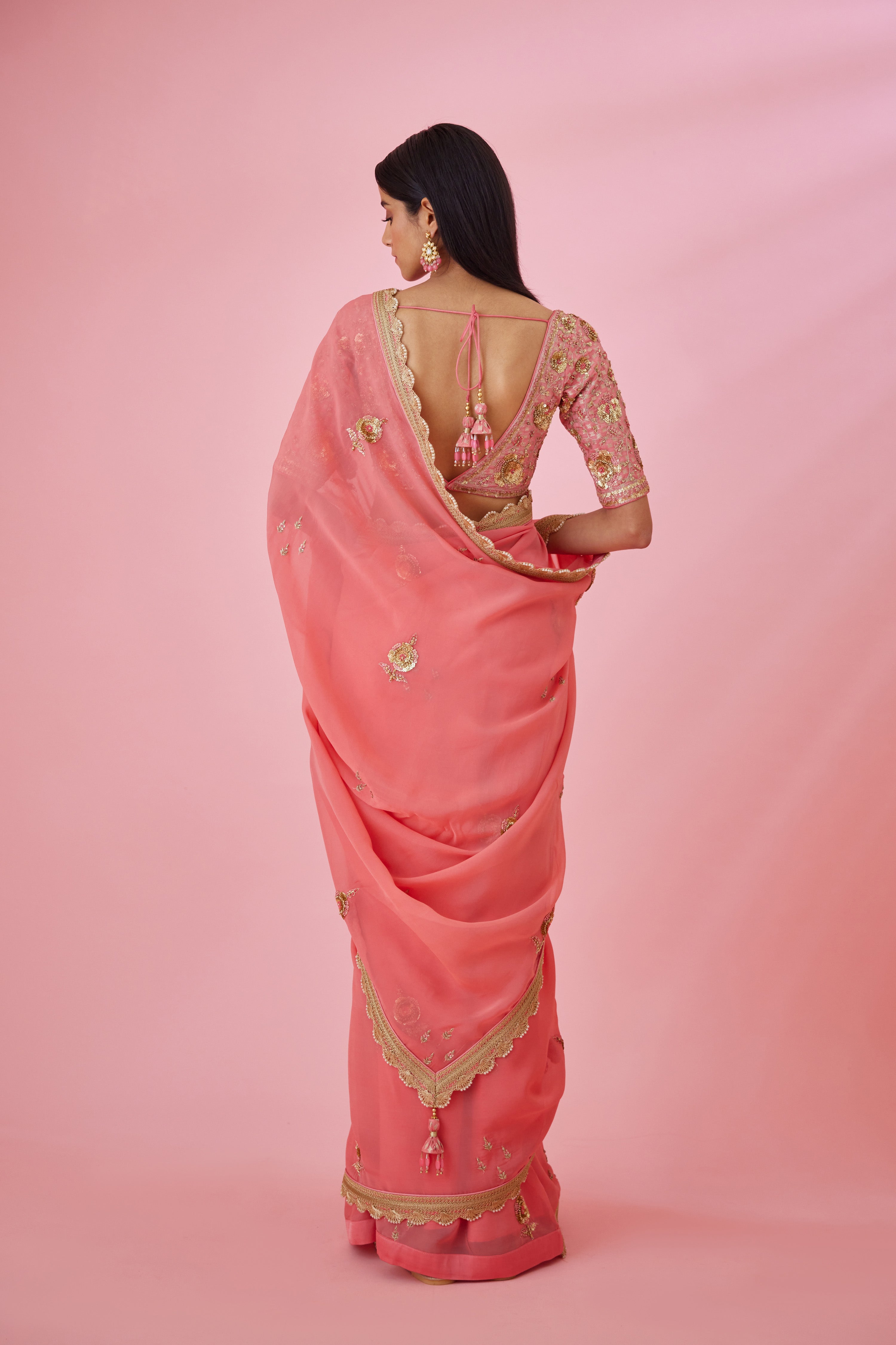 Coral Pink Saree Set