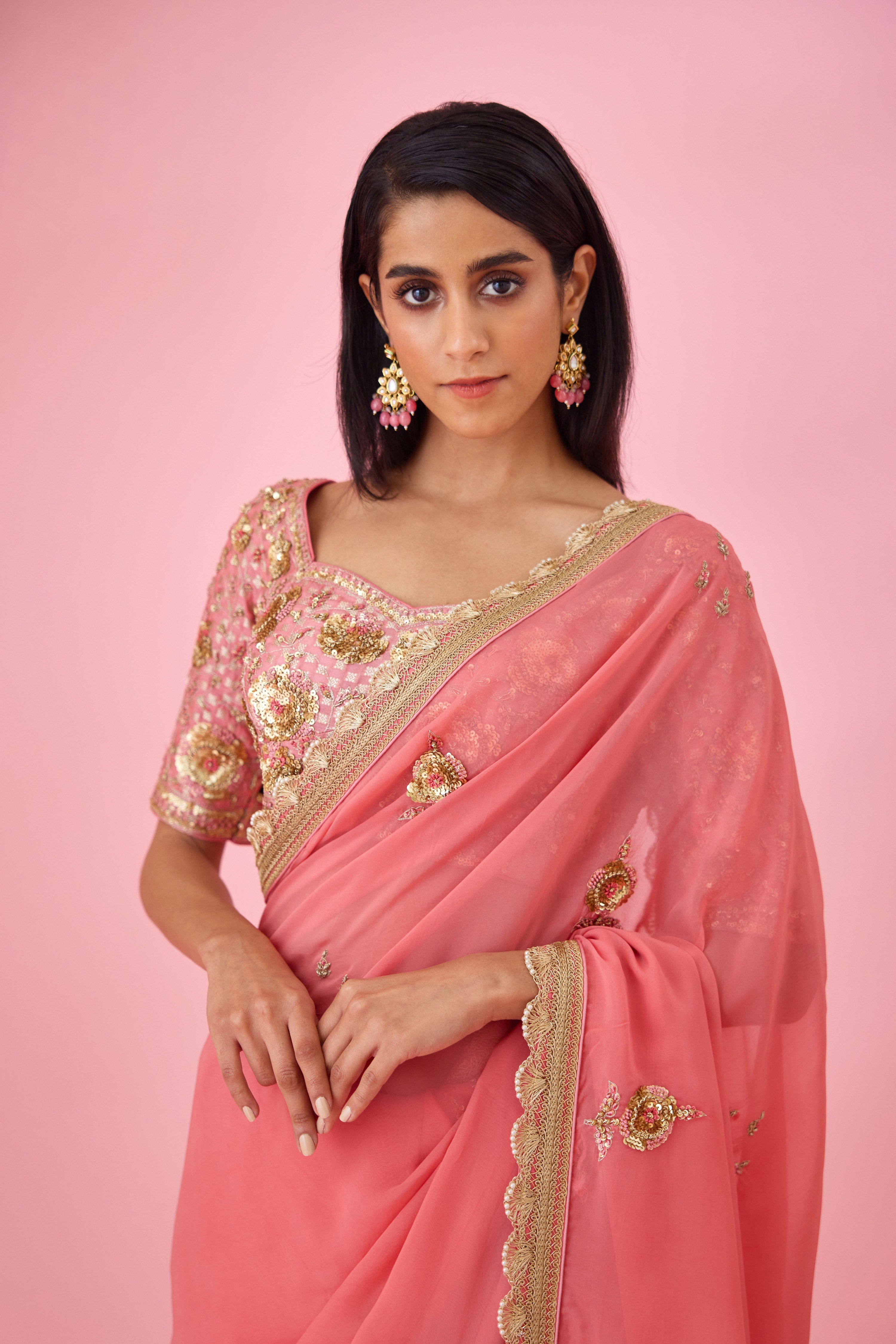 Coral Pink Saree Set