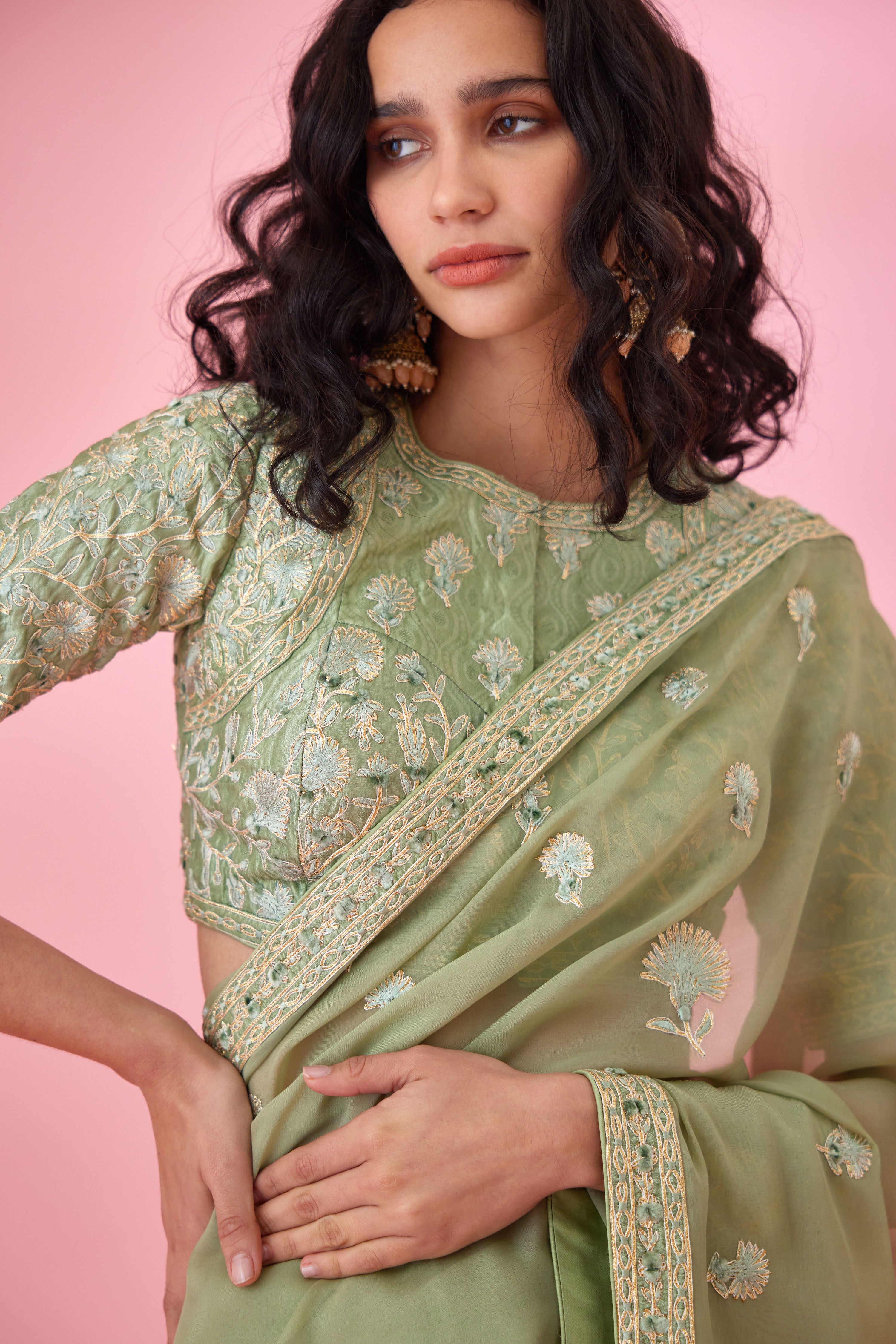 Fog Green Saree Set