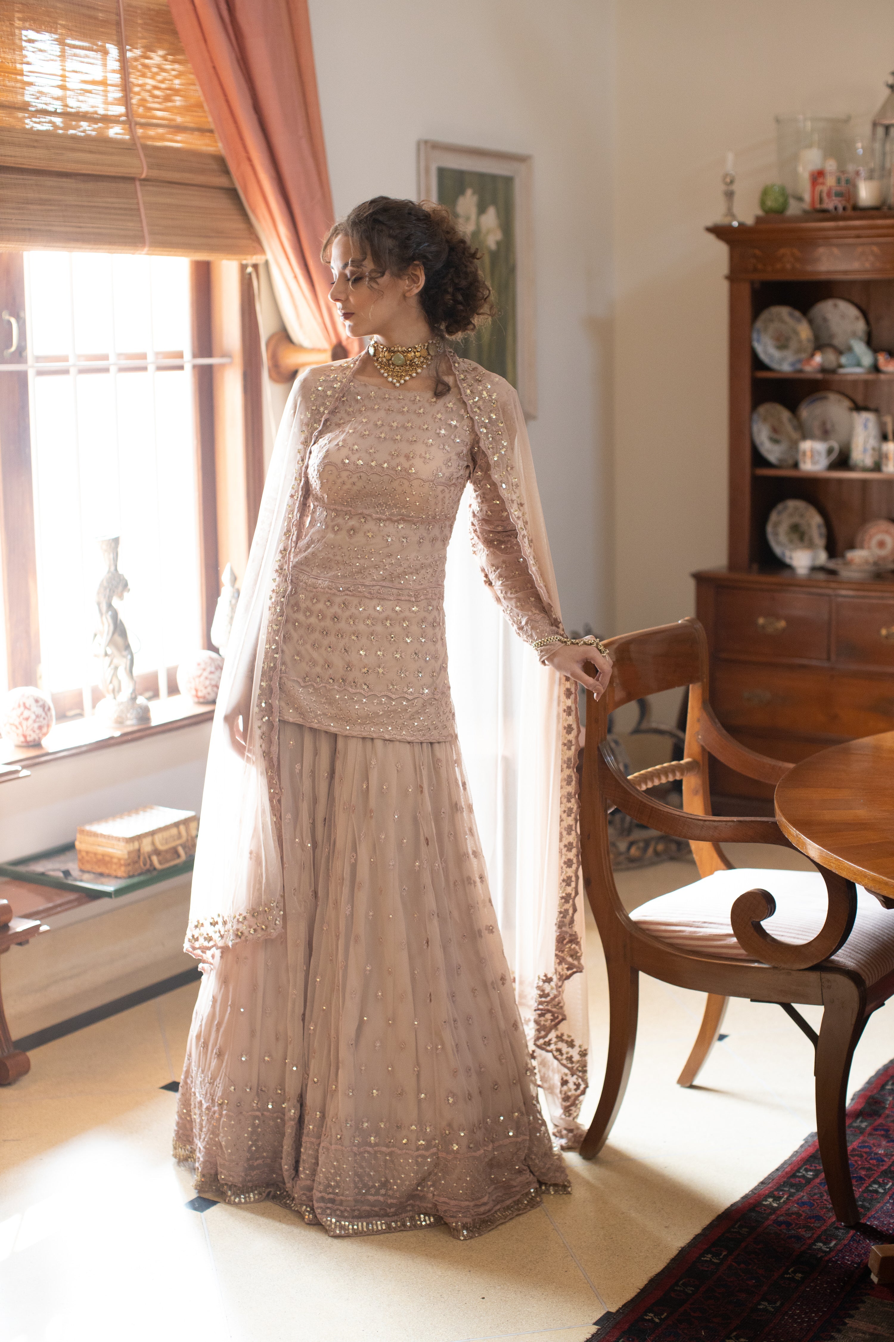 Nude Threadwork Kurti And Sharara Set