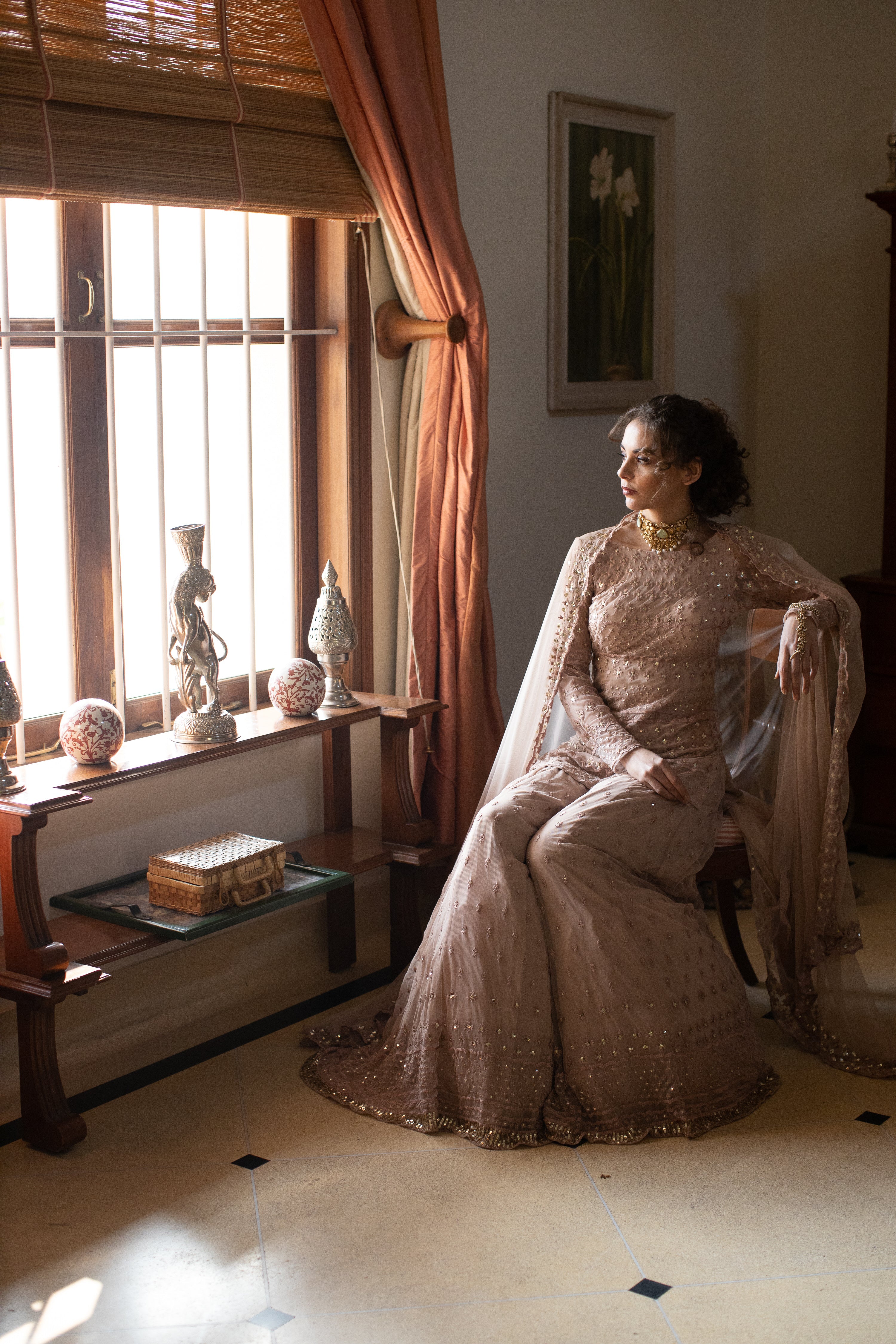Nude Threadwork Kurti And Sharara Set