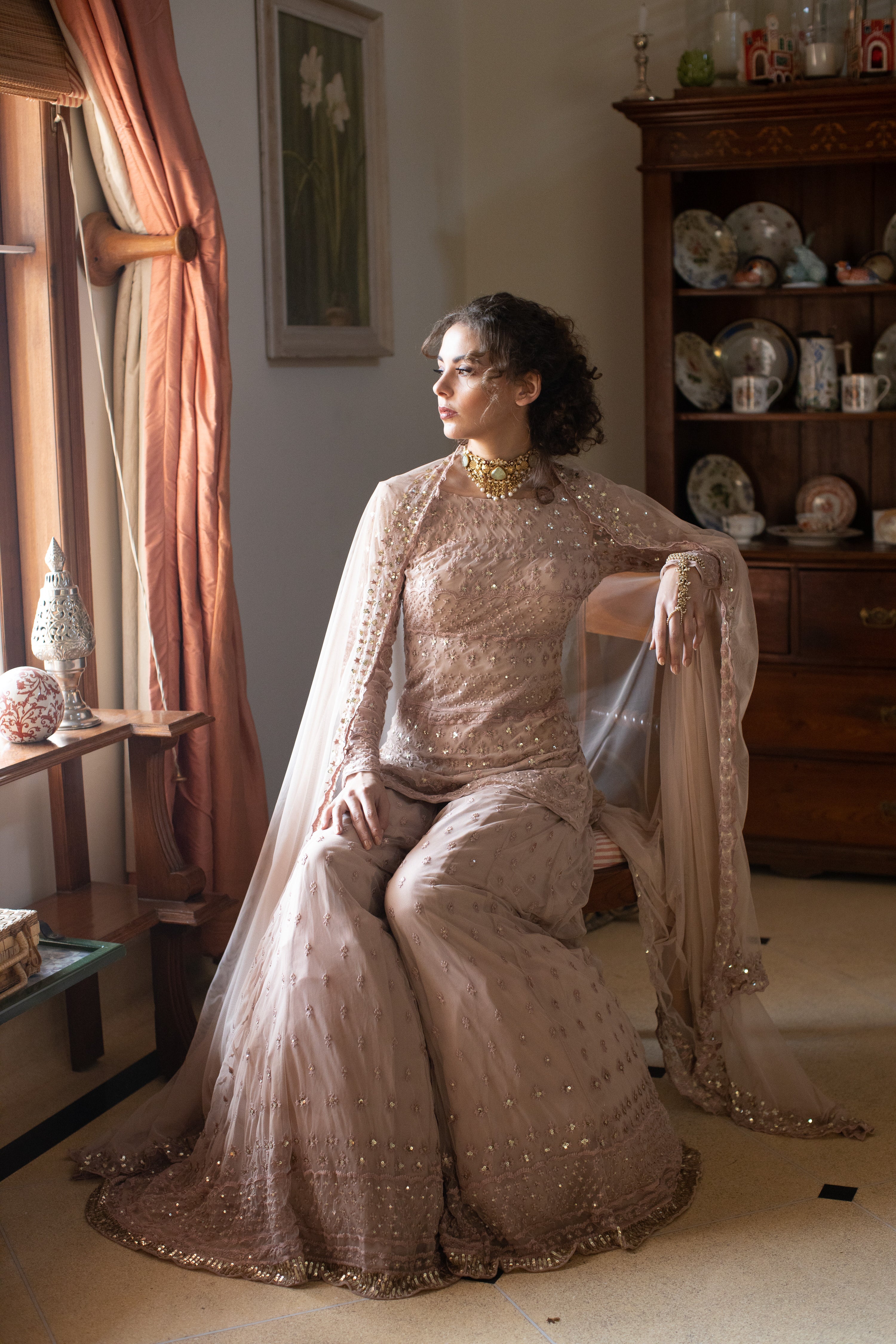 Nude Threadwork Kurti And Sharara Set