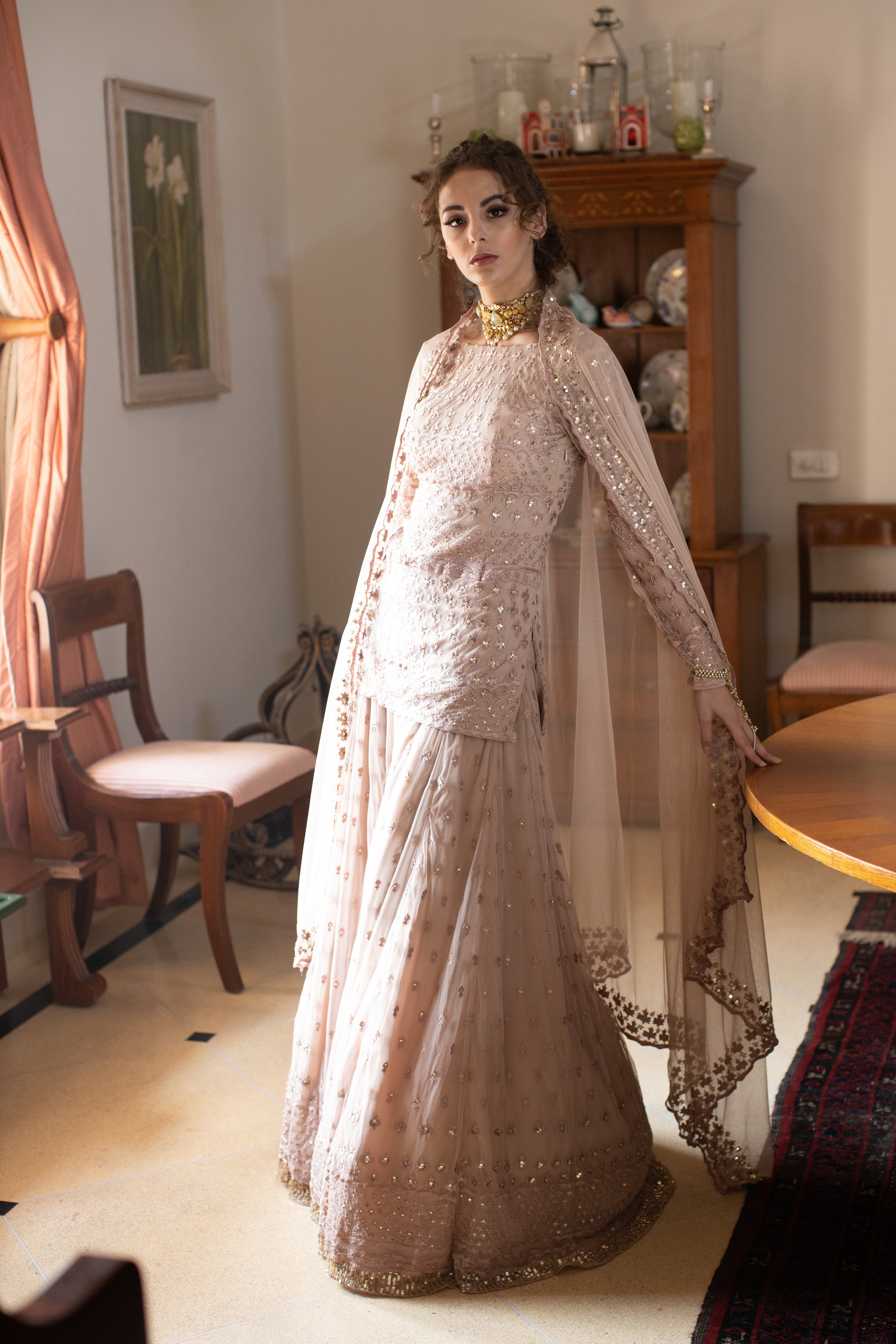 Nude Threadwork Kurti And Sharara Set
