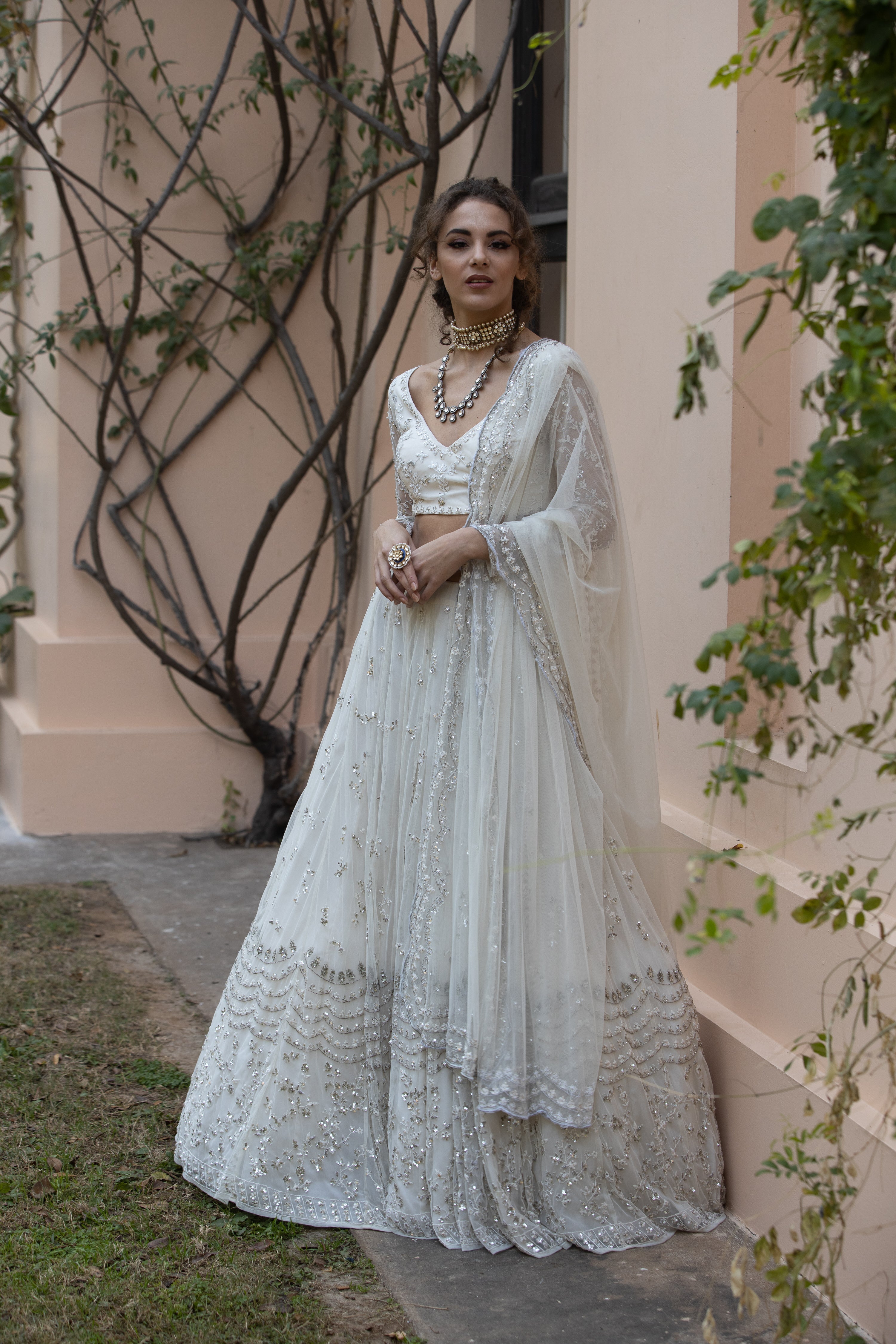 White And Silver Sequin Lehenga