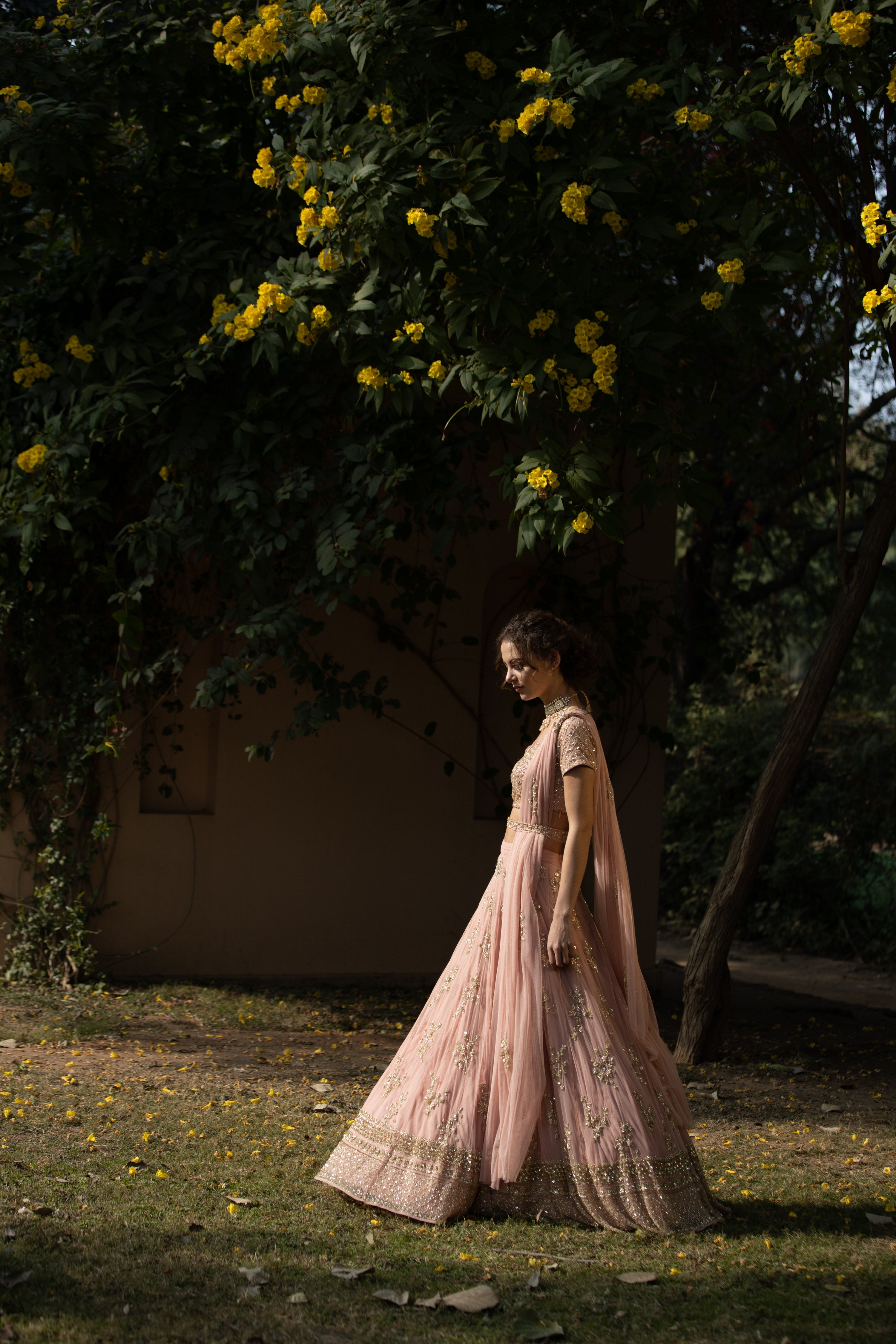 Blush Pink Bootie Lehenga With Gold Work