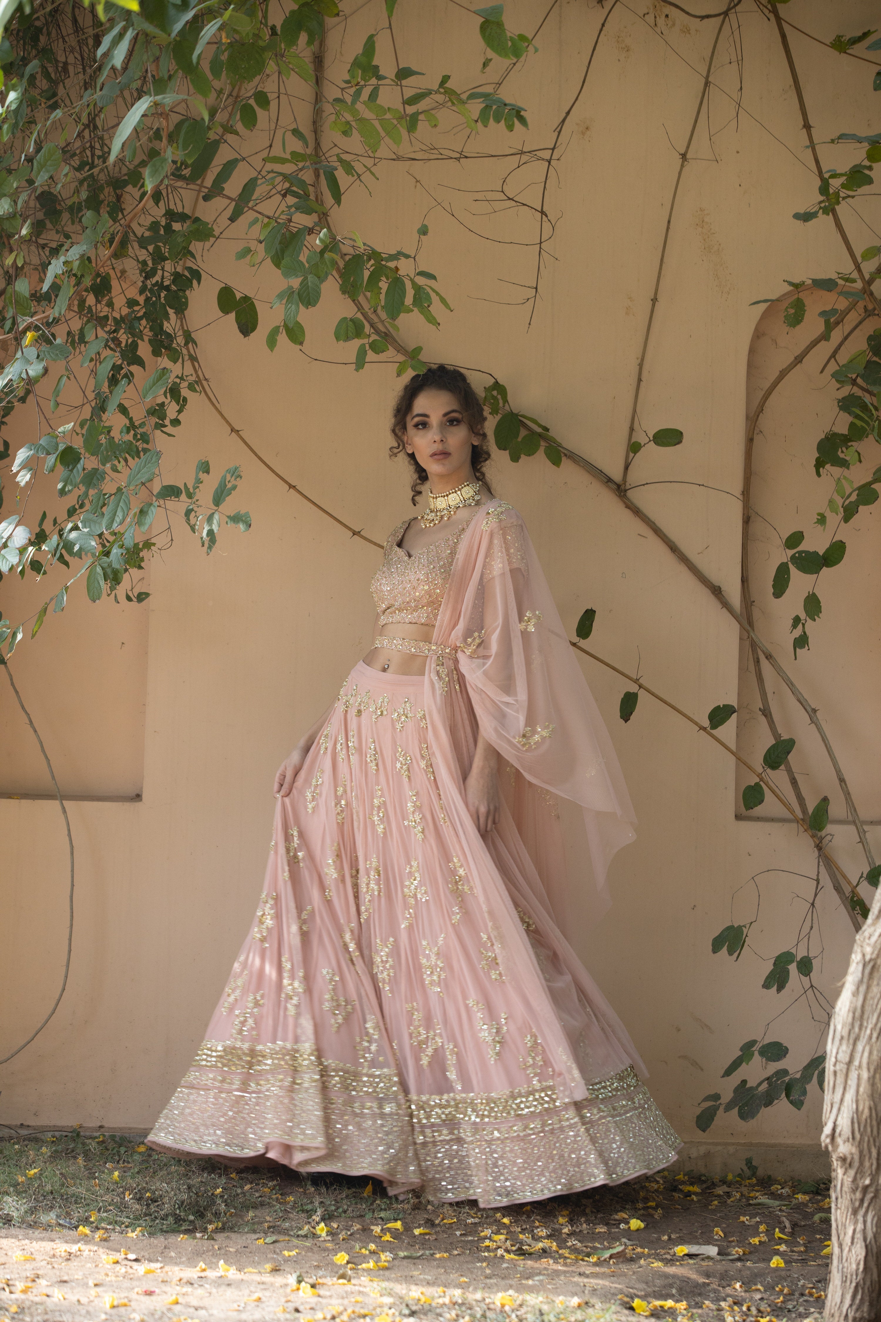 Blush Pink Bootie Lehenga With Gold Work