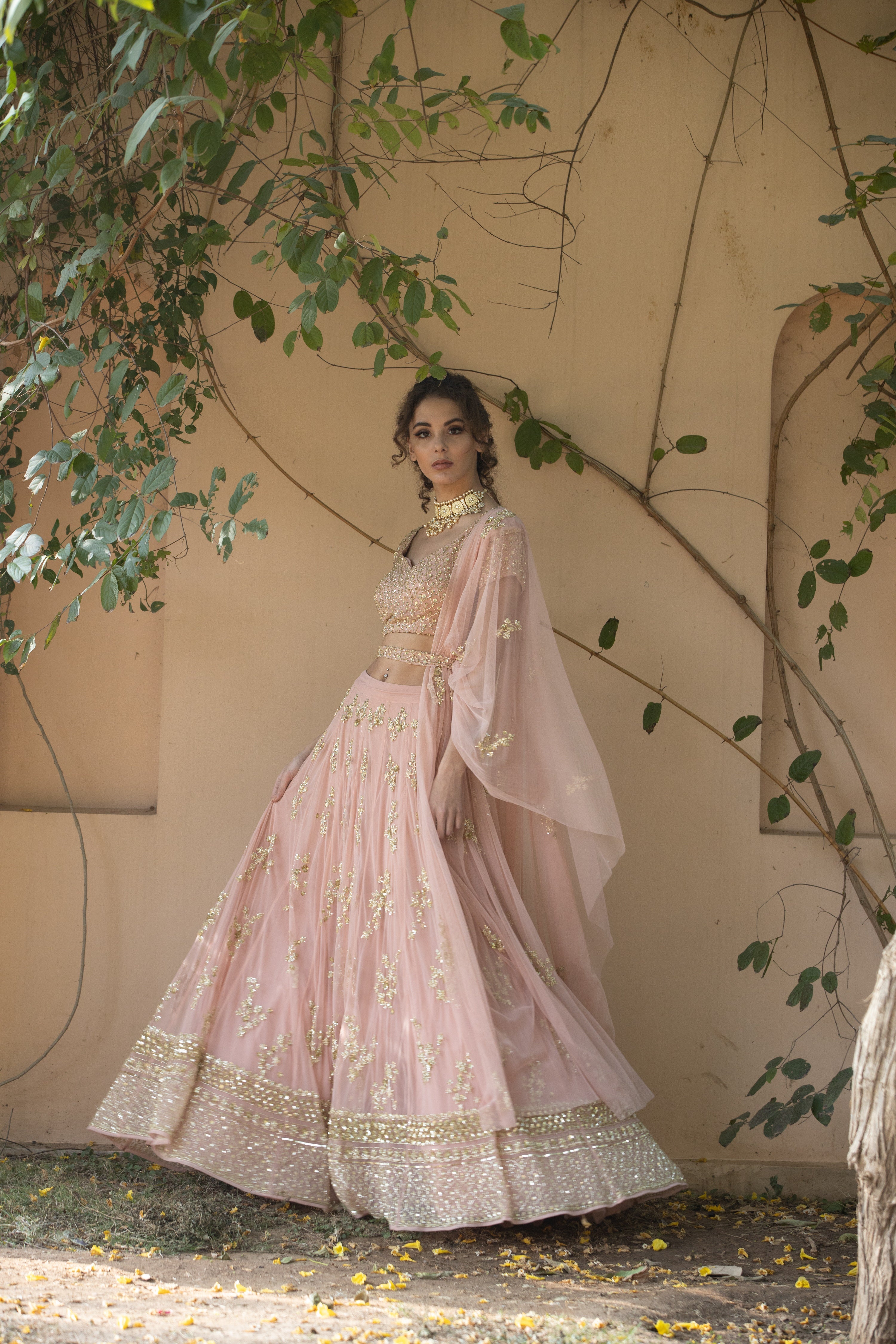 Blush Pink Bootie Lehenga With Gold Work