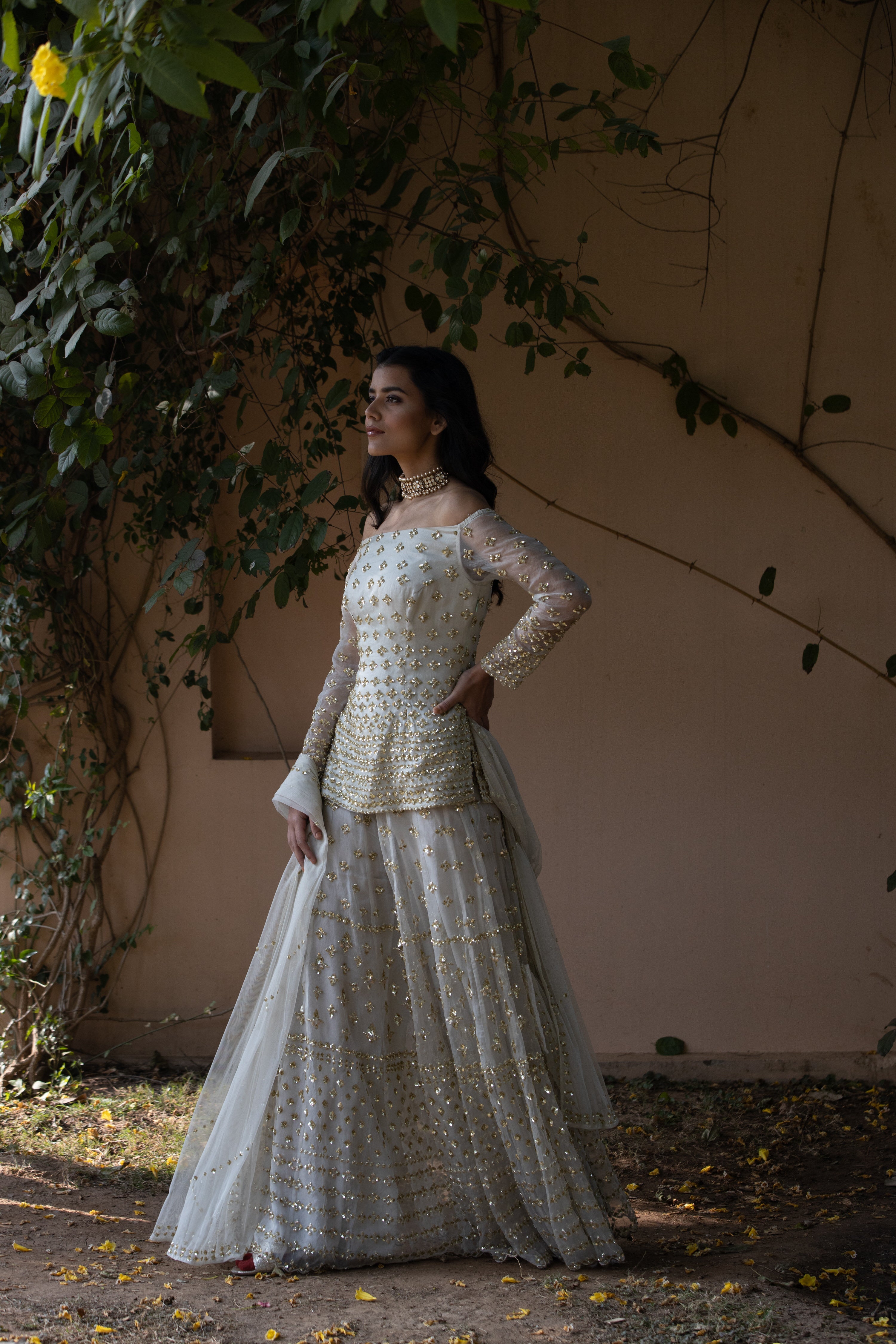 Powder Grey Off Shoulder Bootie Kurti And Sharara Set