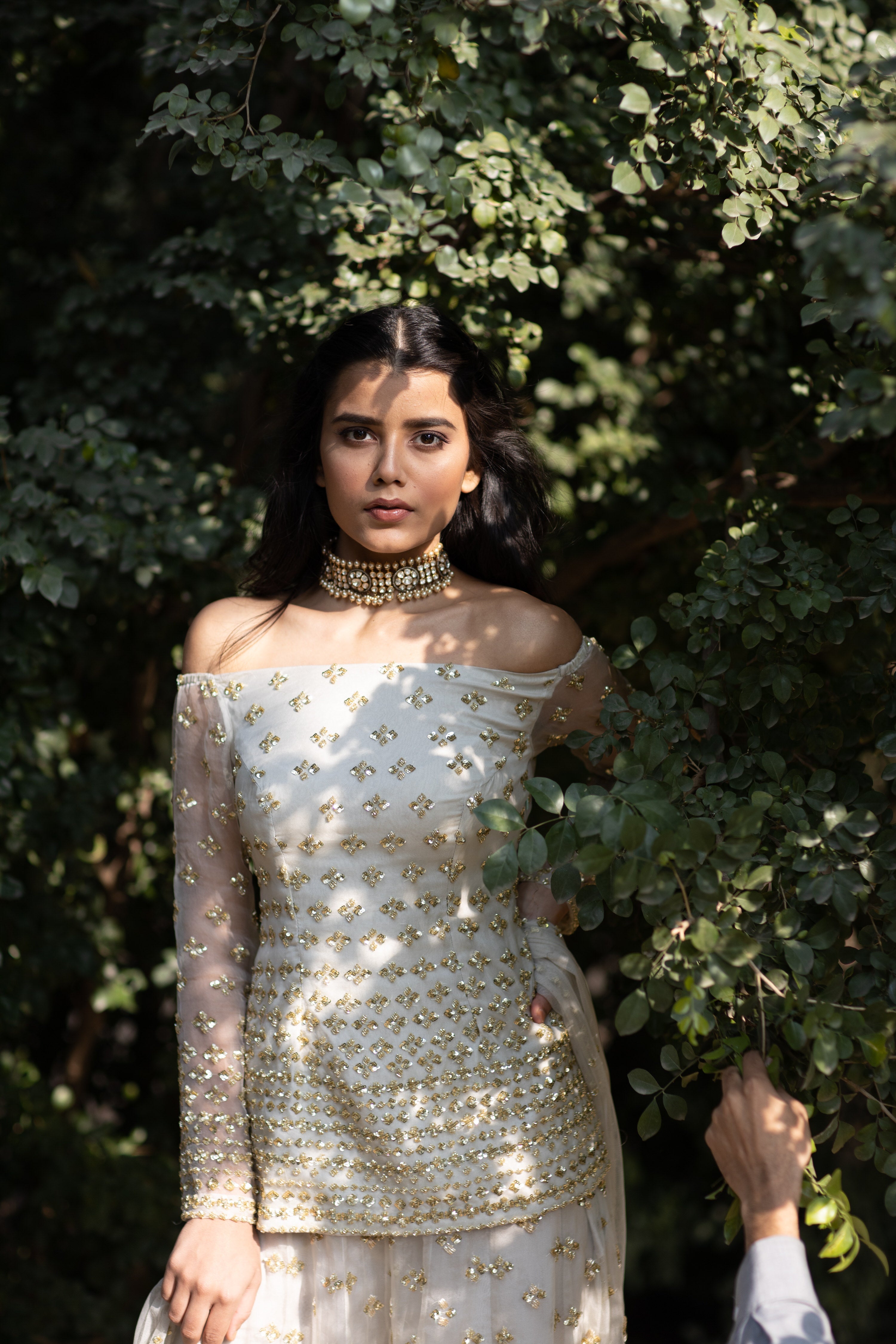 Powder Grey Off Shoulder Bootie Kurti And Sharara Set