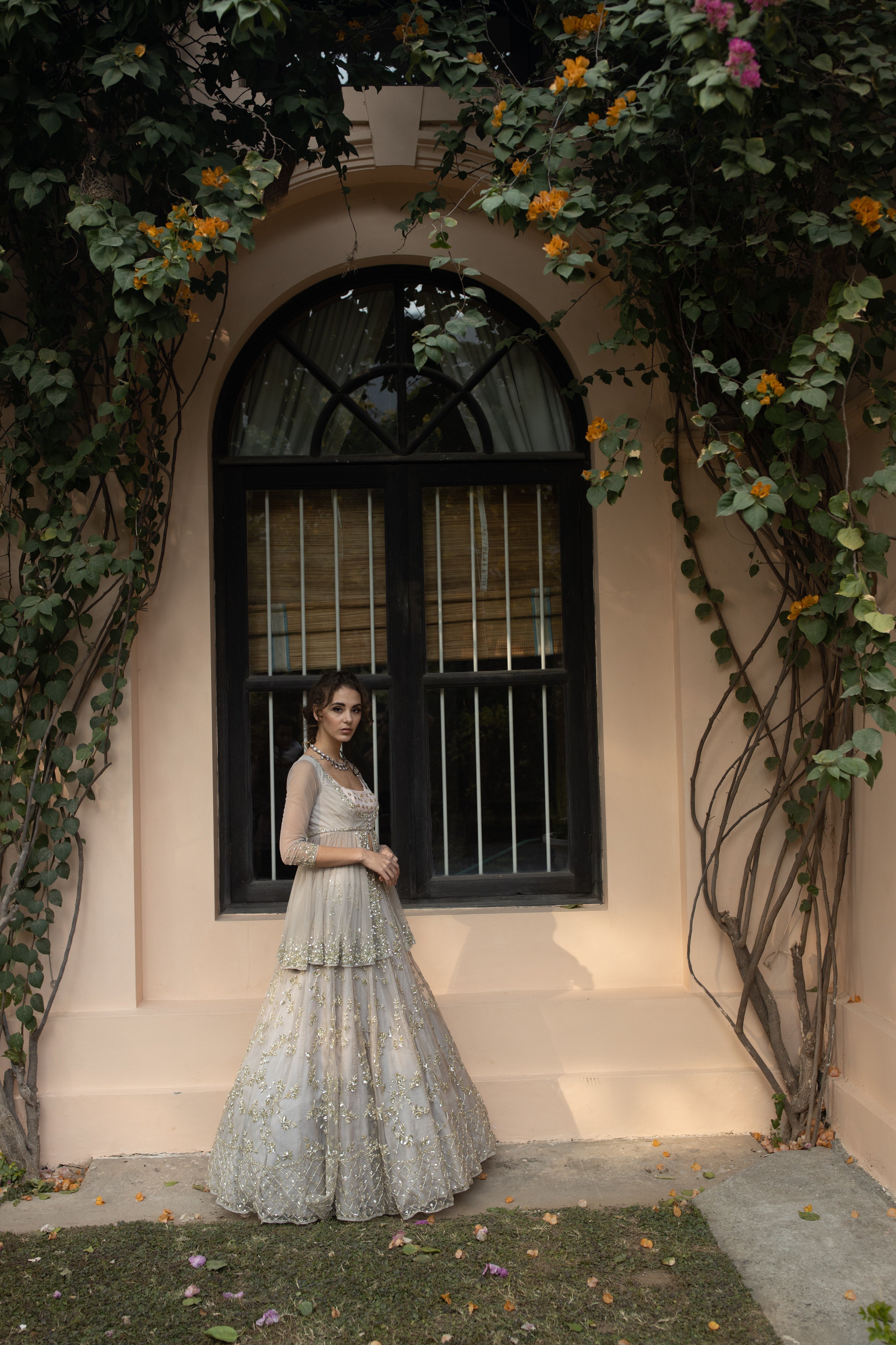 Grey Sequin Organza Lehenga With Peplum Work Blouse