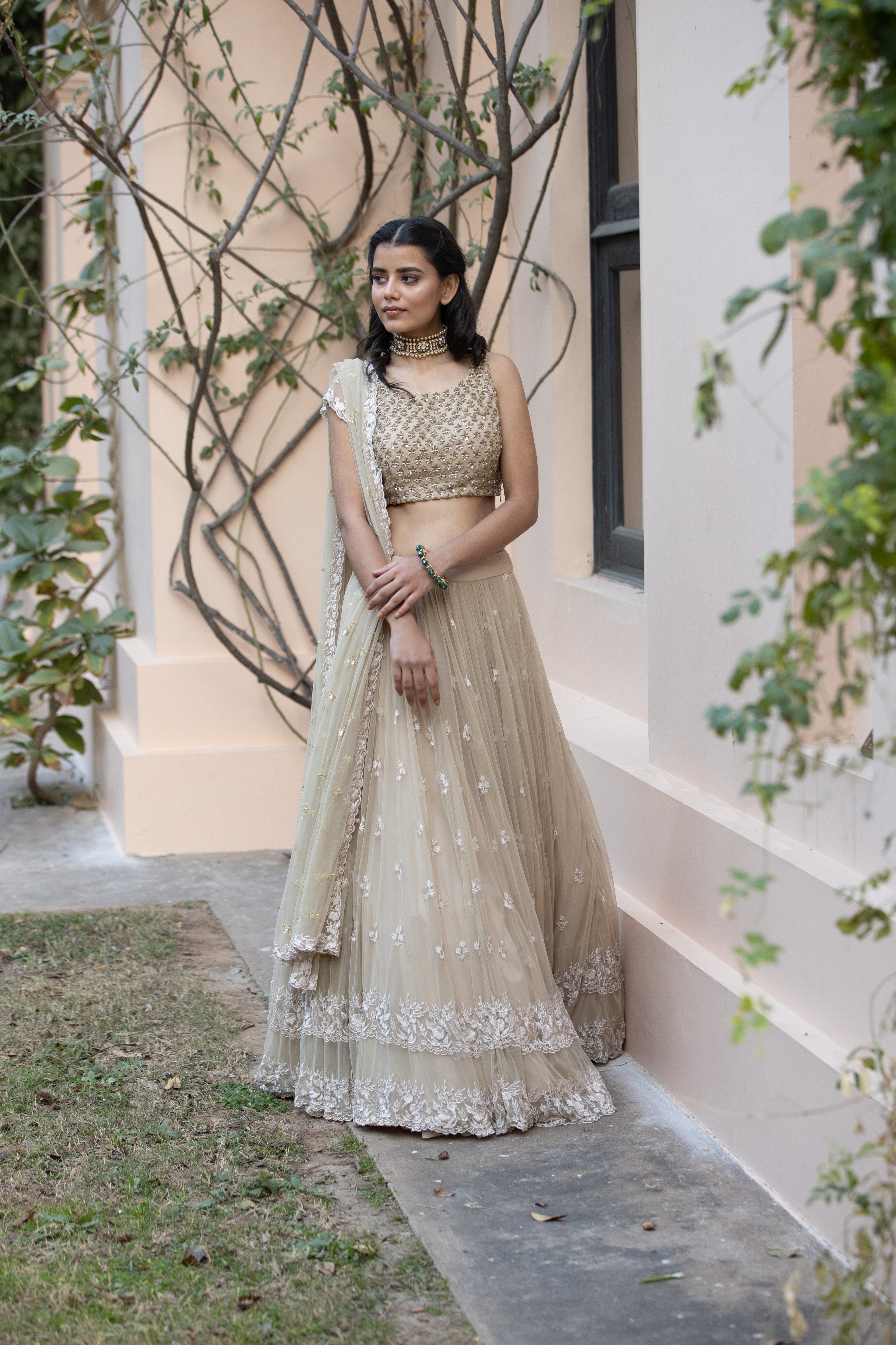 Beige Threadwork Lehenga With Shimmer Choli