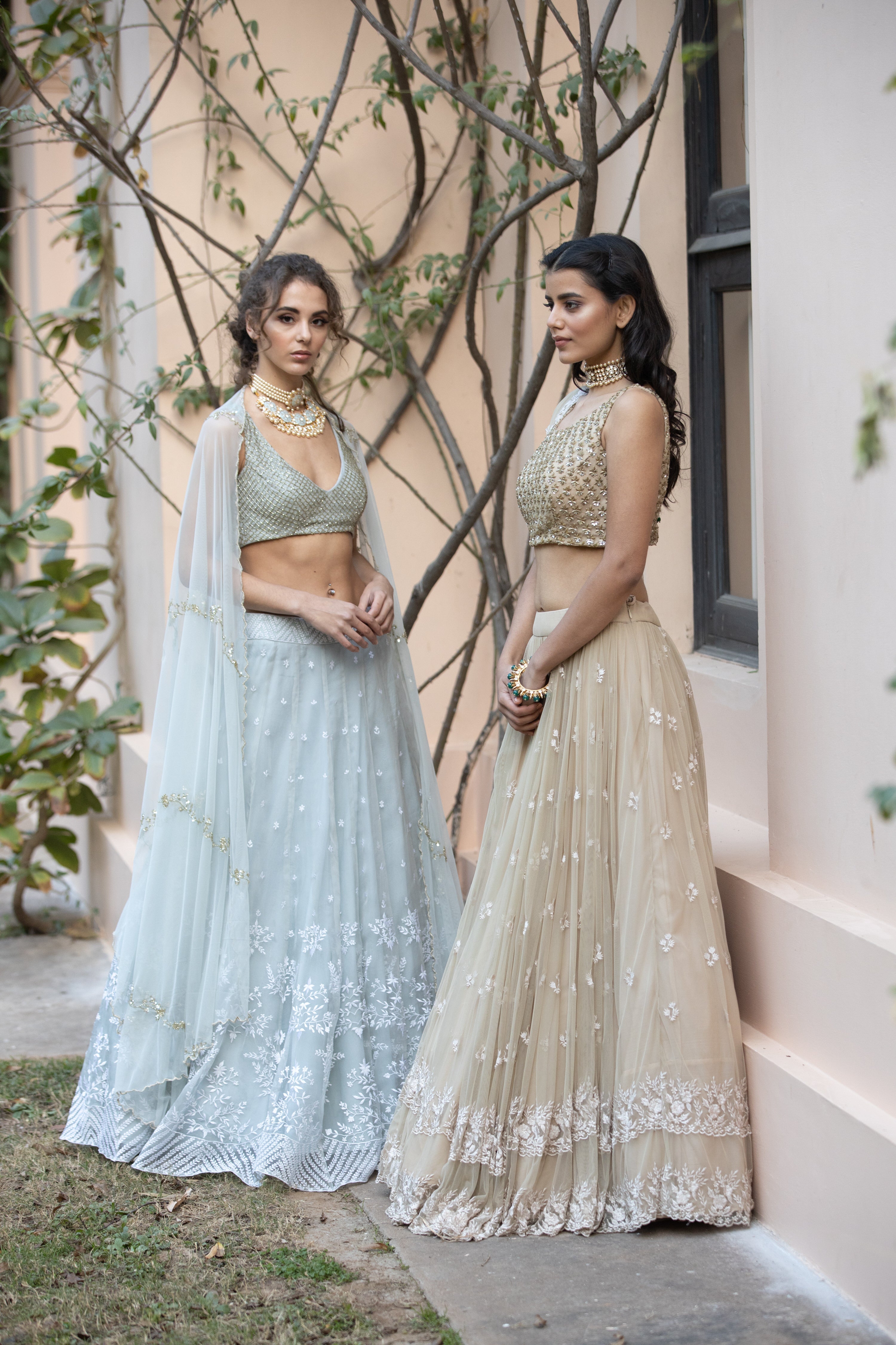 Beige Threadwork Lehenga With Shimmer Choli