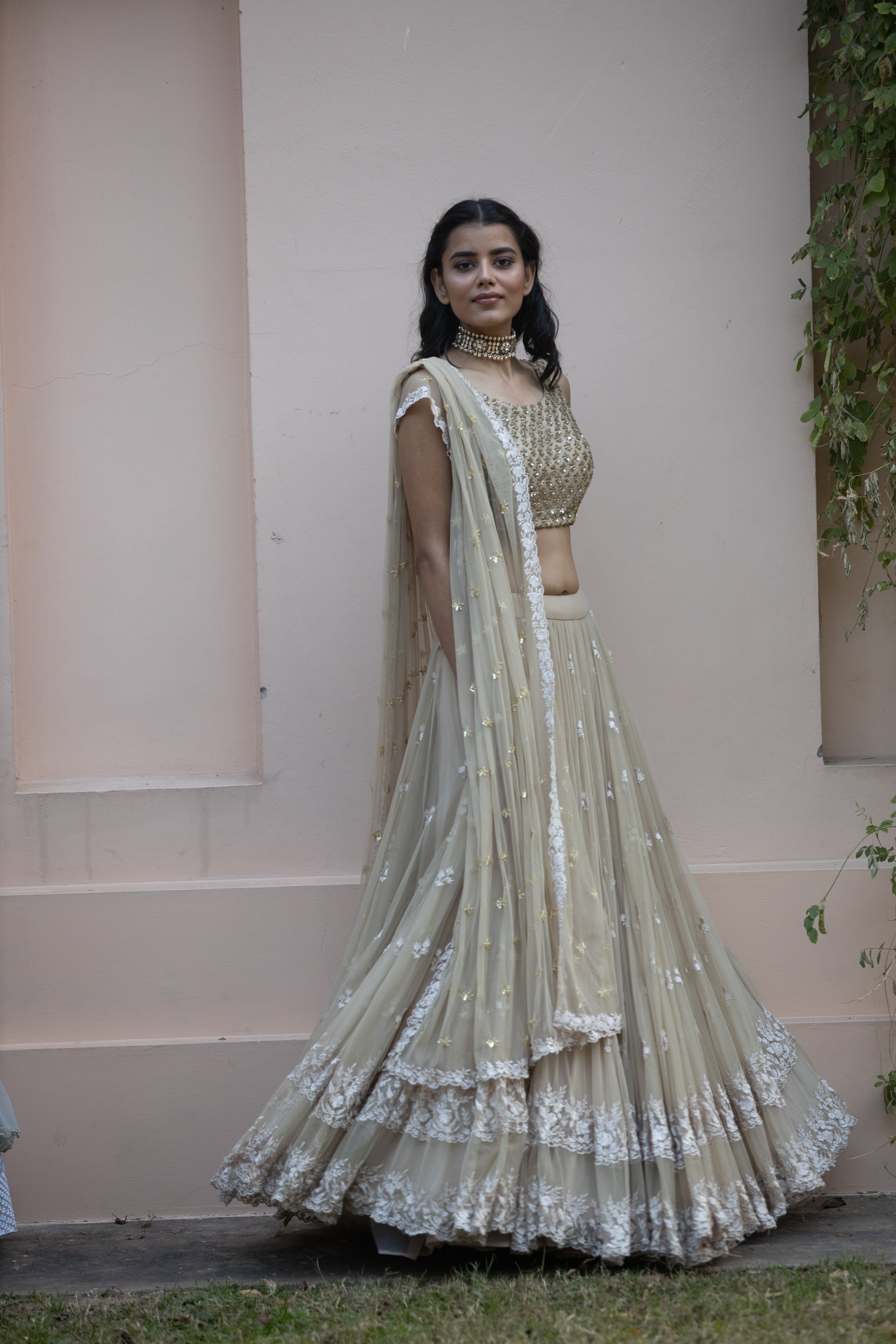 Beige Threadwork Lehenga With Shimmer Choli