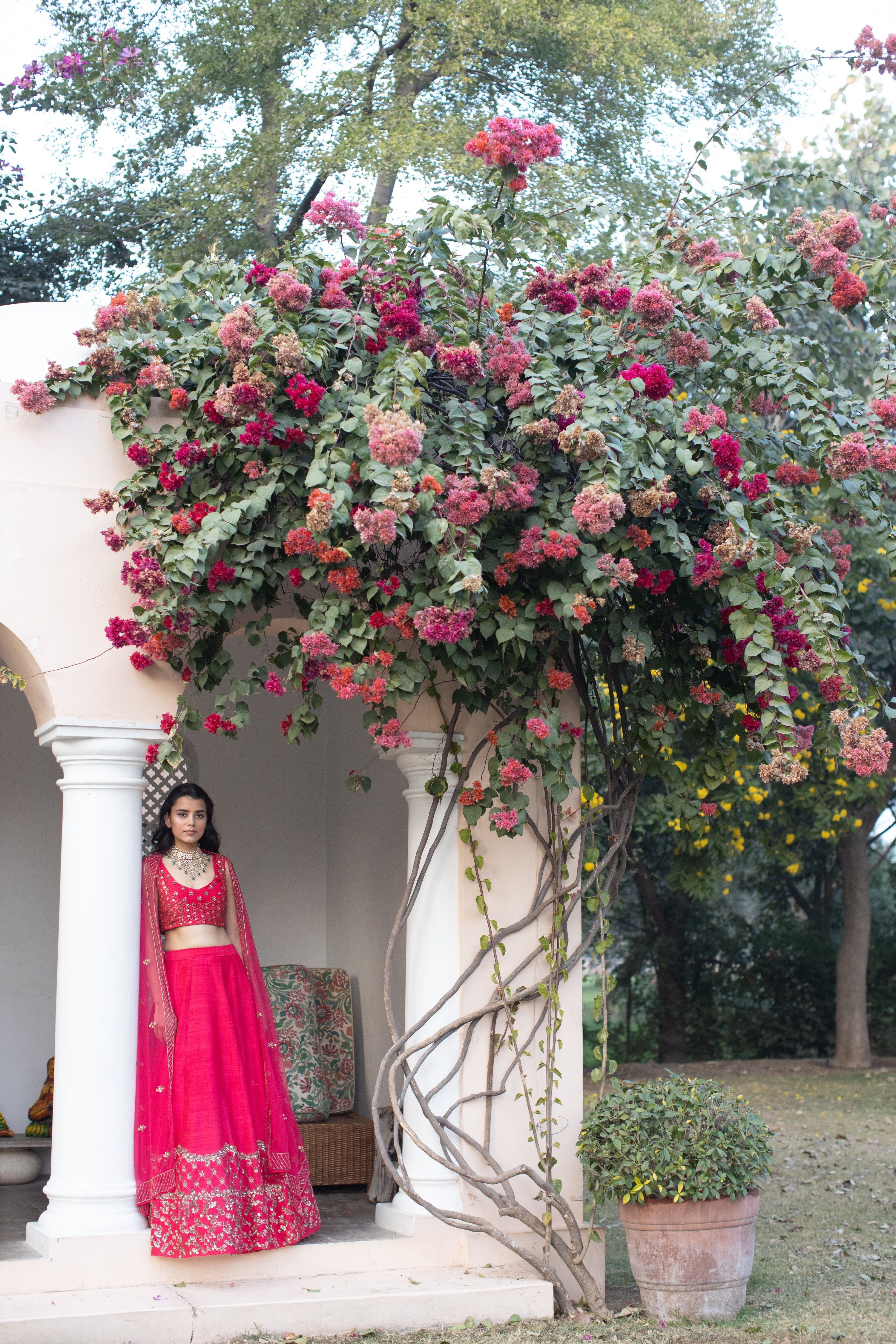 Dark Pink And Gold Lehenga With Choli And Dupatta