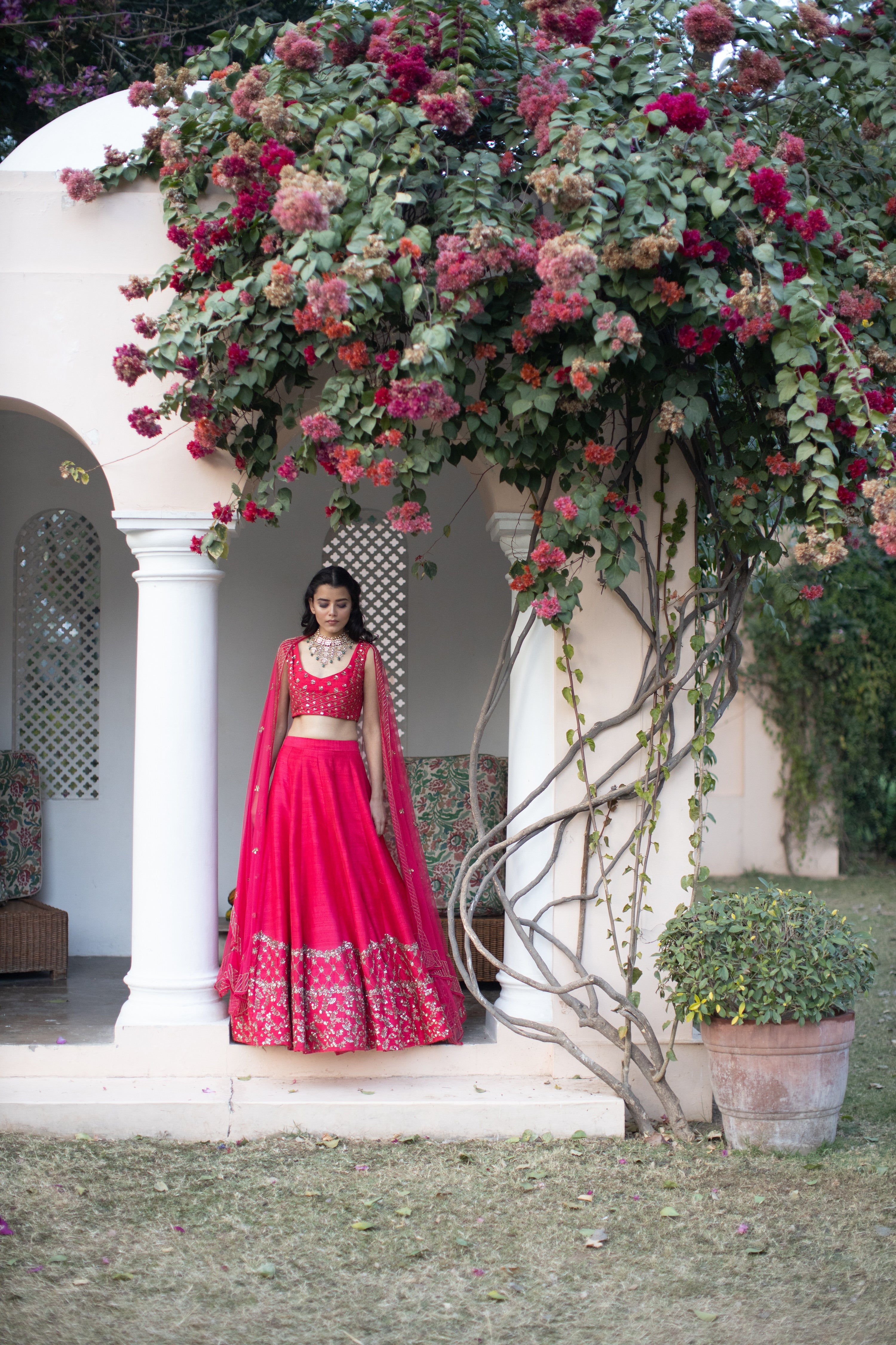 Dark Pink And Gold Lehenga With Choli And Dupatta