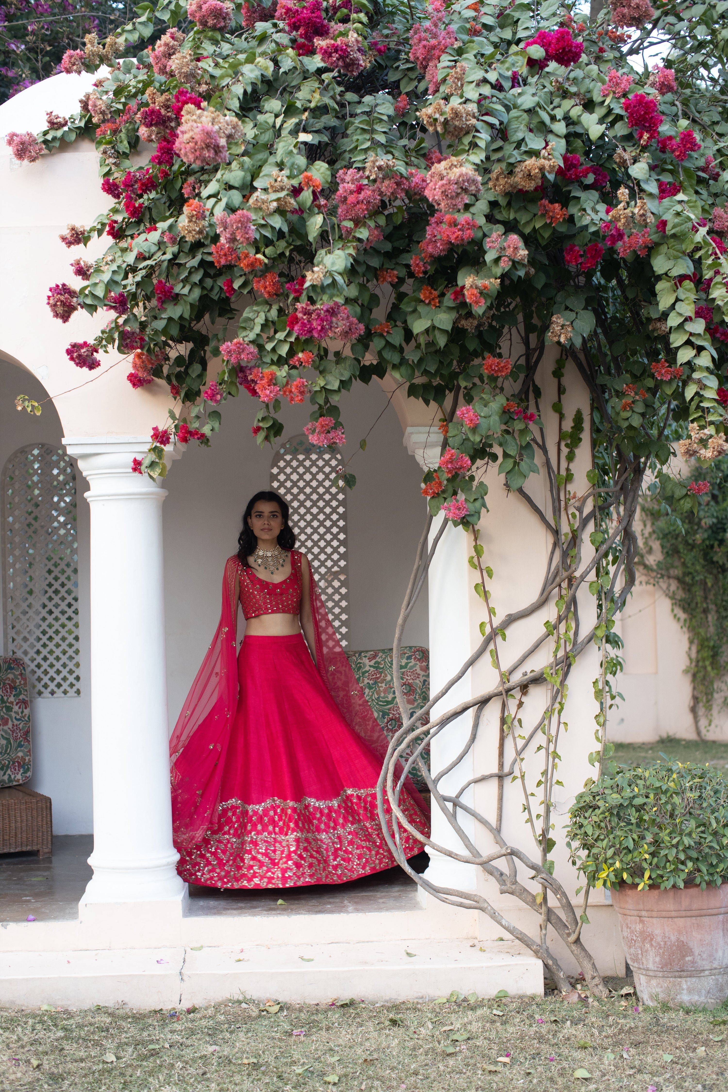 Dark Pink And Gold Lehenga With Choli And Dupatta