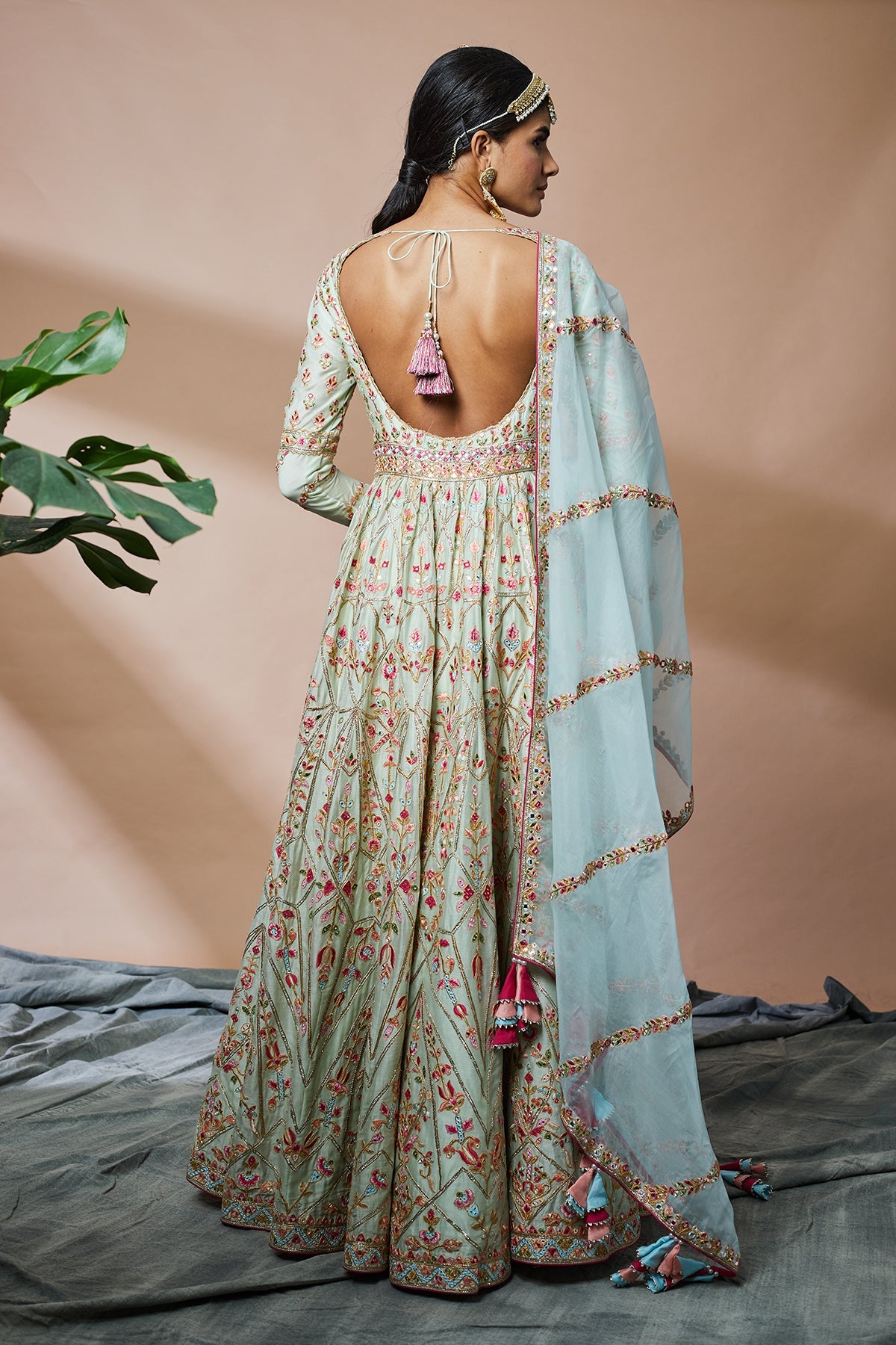 Green Georgette Anarkali With Blue Dupatta