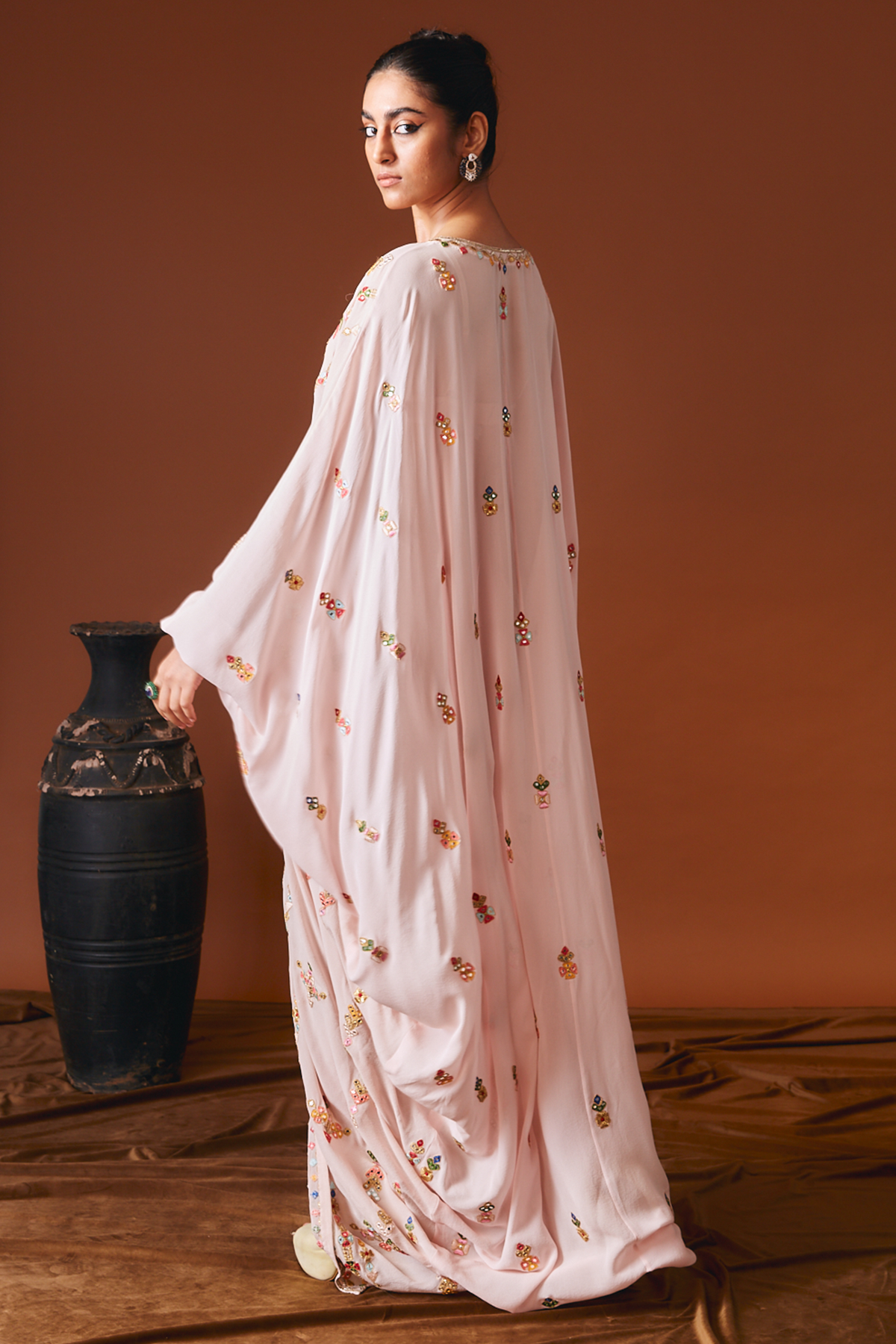 Peach Flowy Embroidered Kaftan
