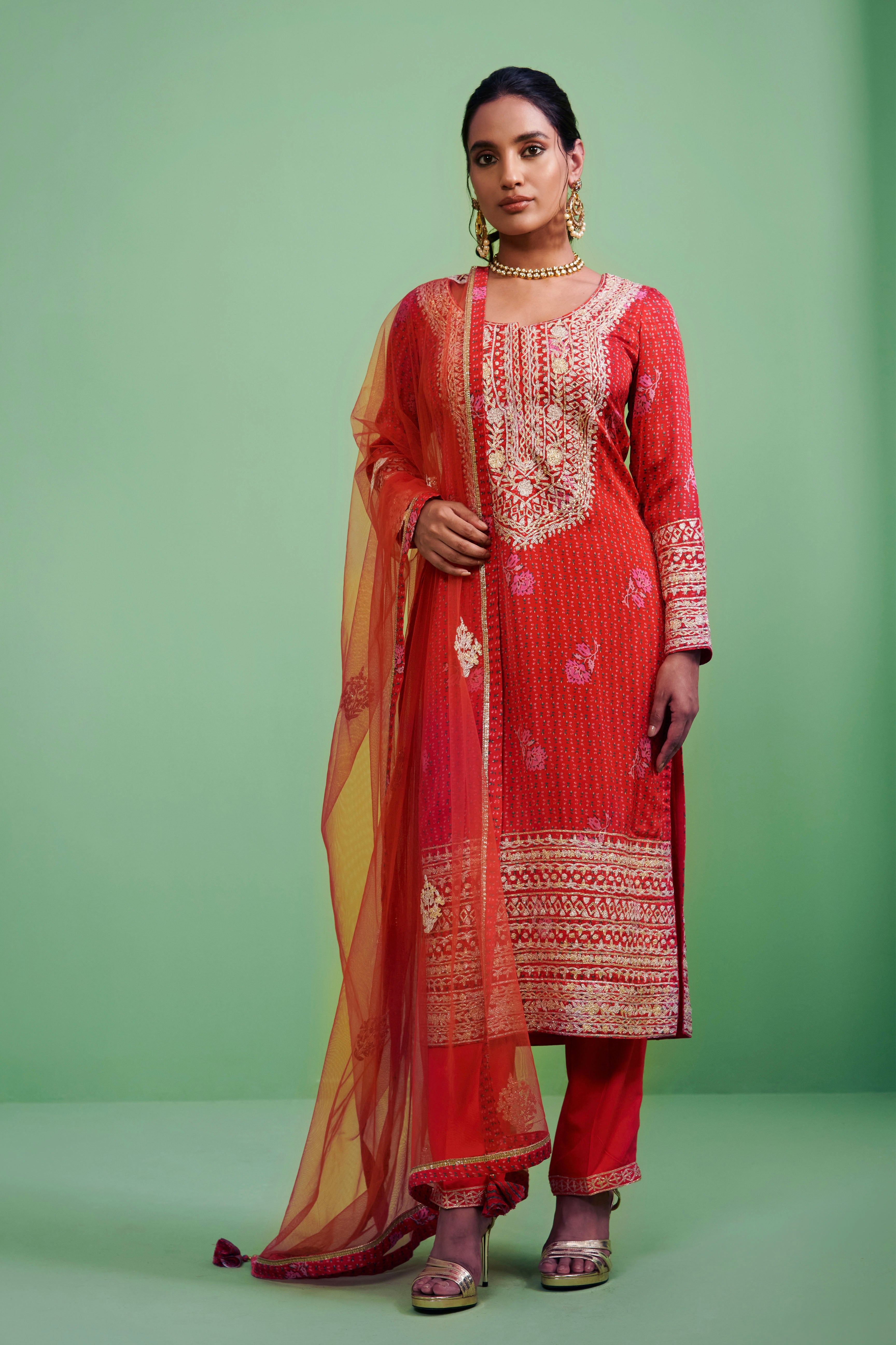 Orange & Red Kurta  Set