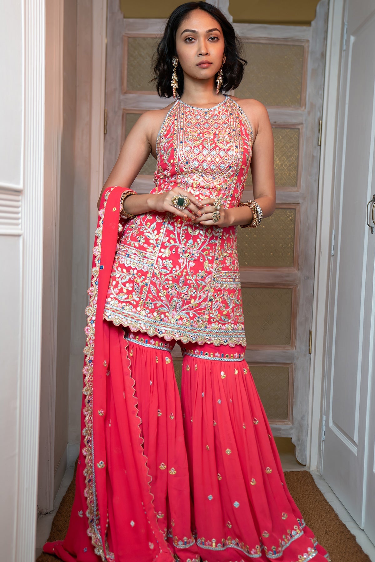 Hot Pink Georgette Halter Style Gharara Set