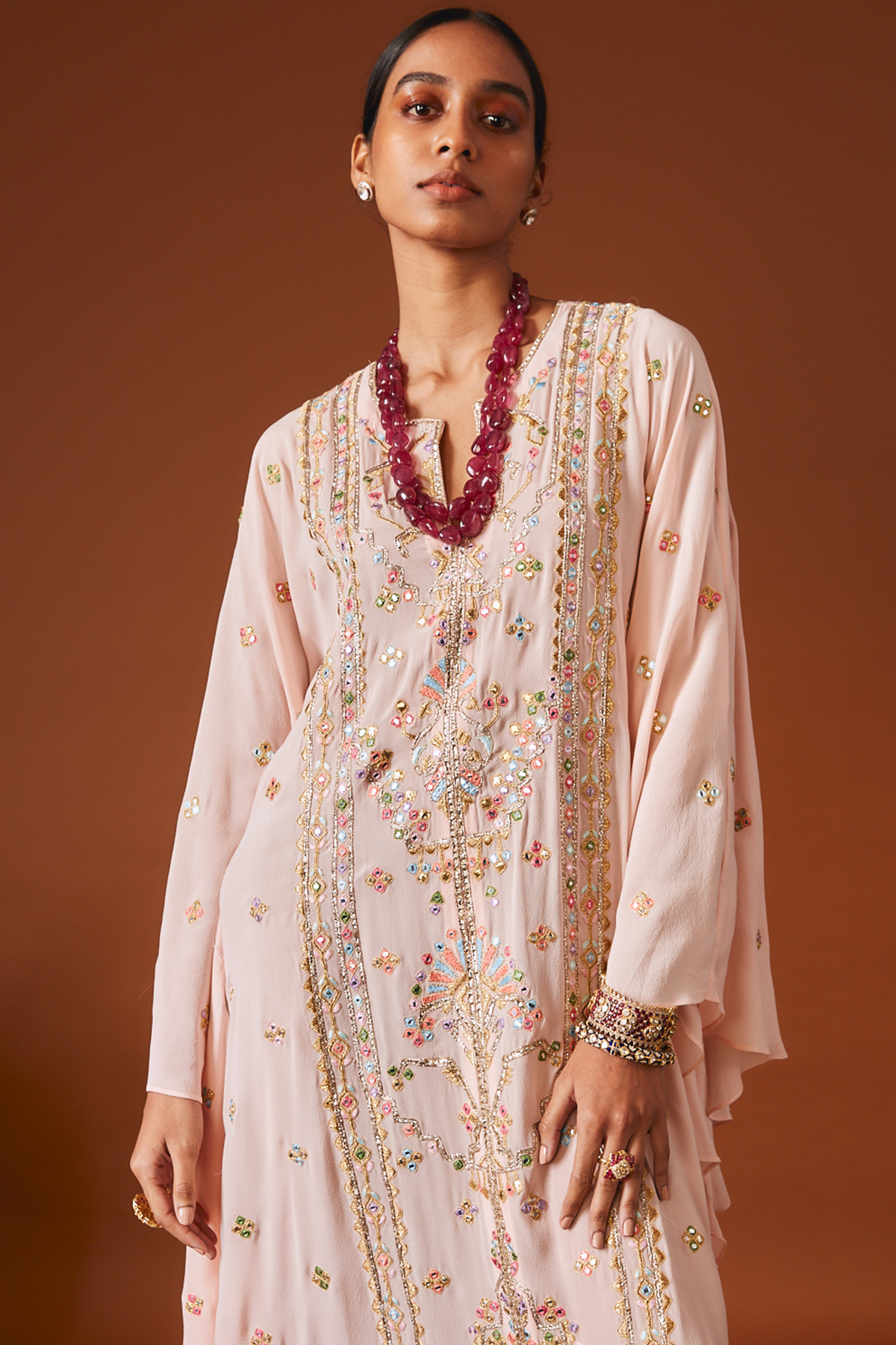 Peach Georgette Kaftan With Belt