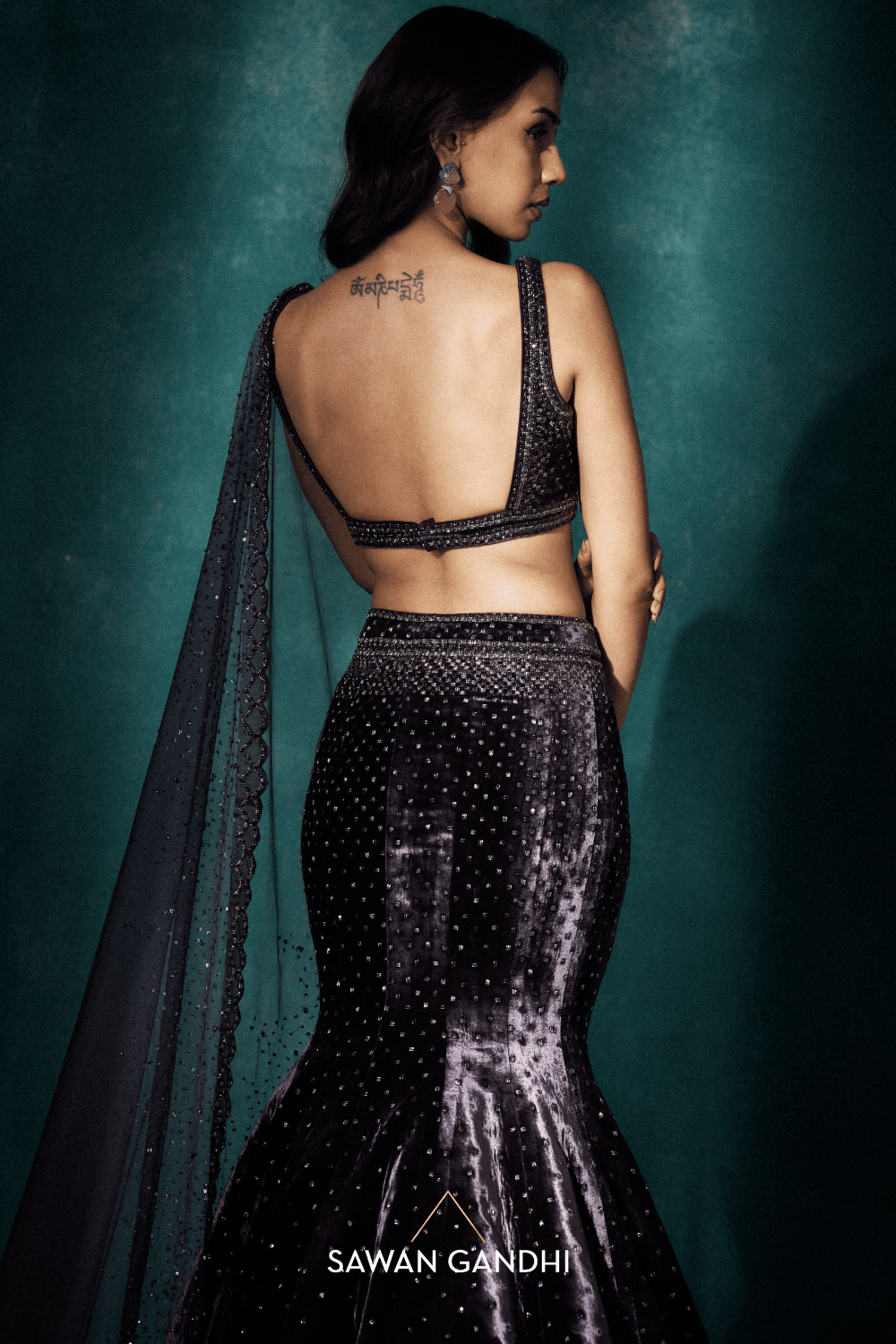 Purple fishcut velvet lehenga