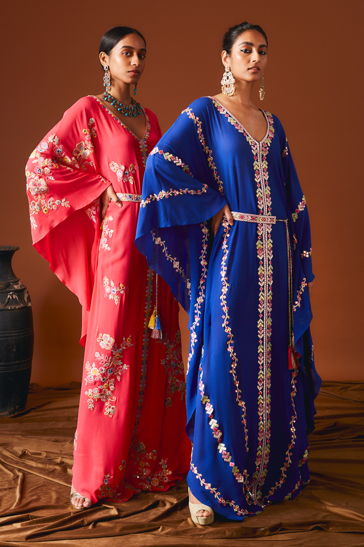 Royal Blue Georgette Kaftan With Mirror And Resham