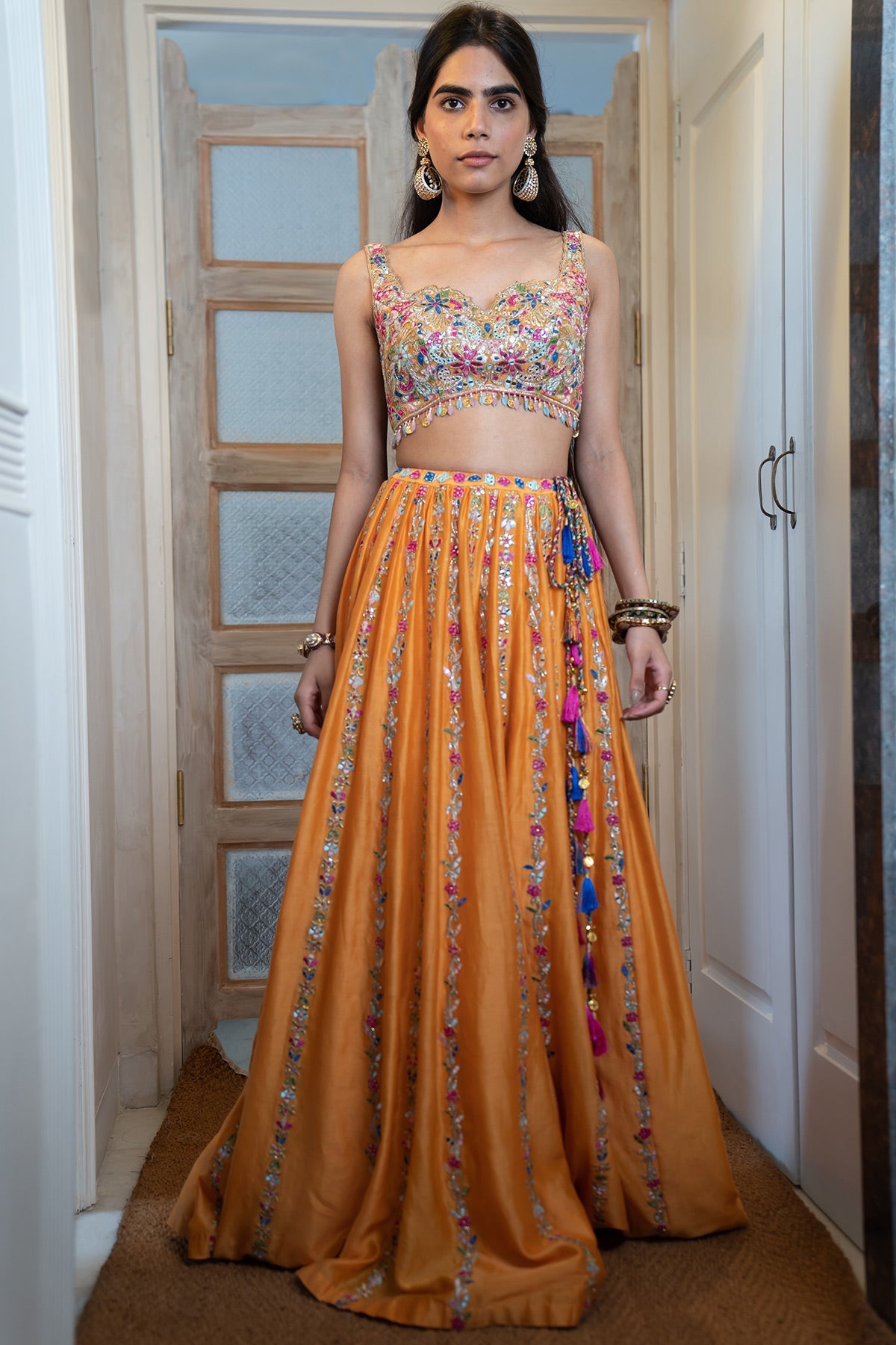 Tangerine Chanderi Skirt Withan Embroidered Blouse