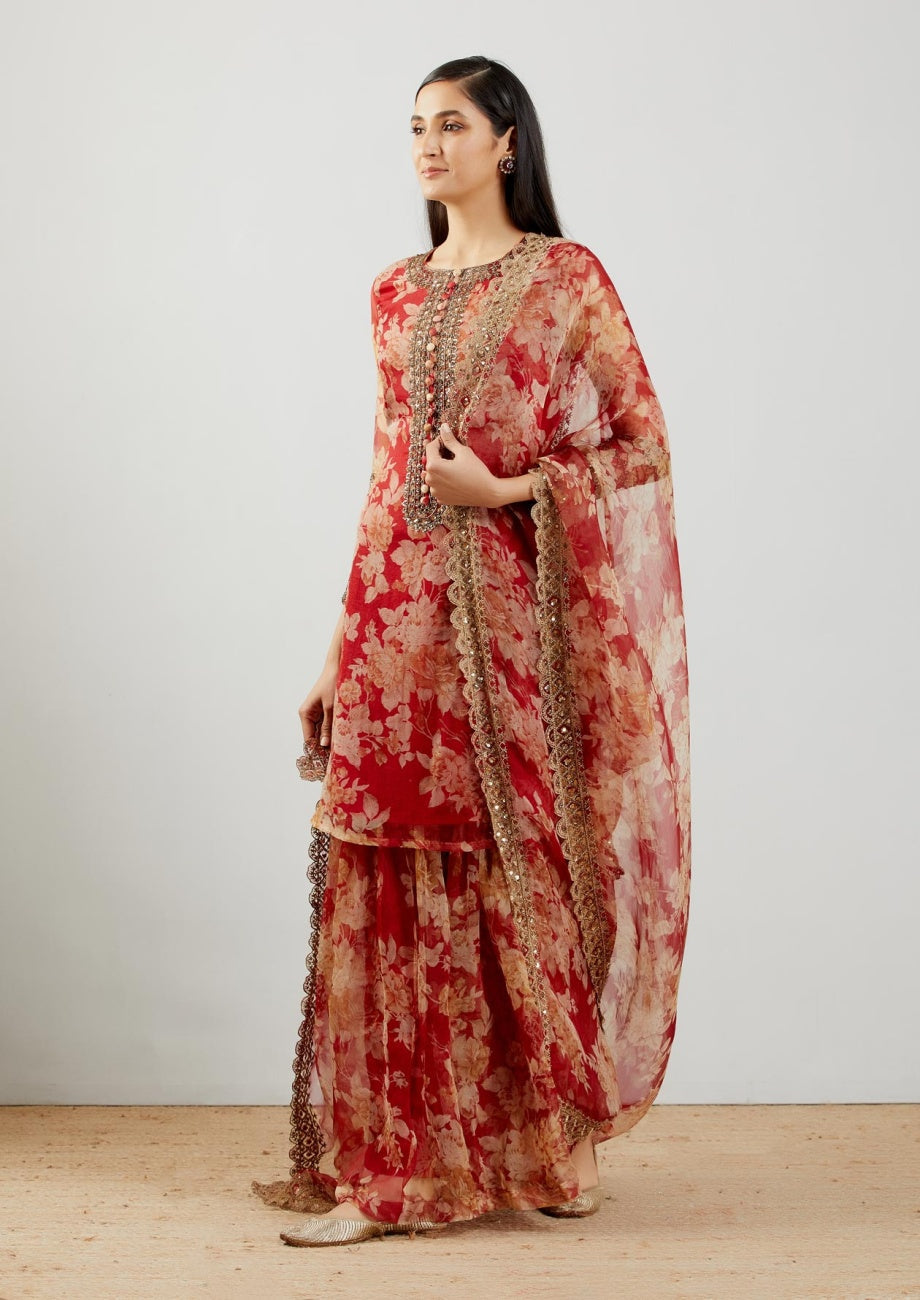 Red Floral Kurti Set