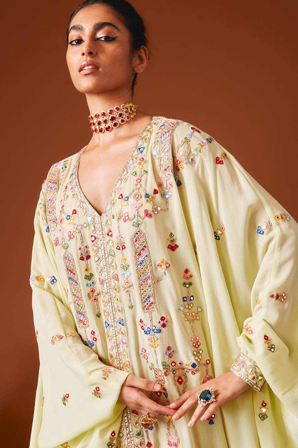 Green Georgette Cowl Kaftan With Multi Coloured Embroidery