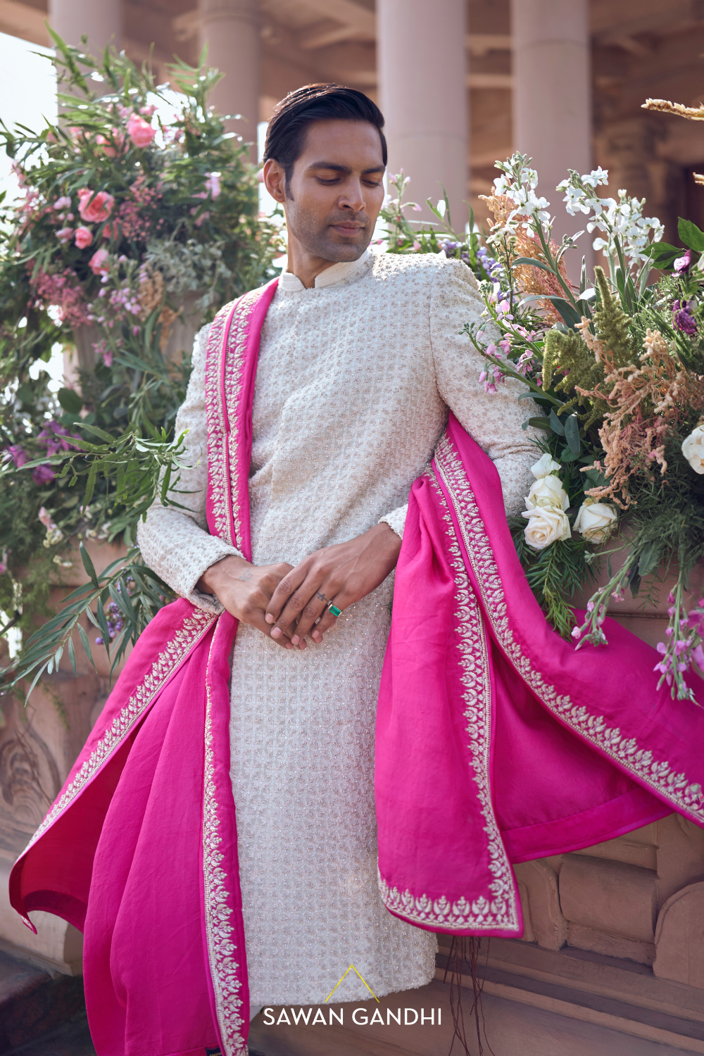 IVORY FRENCH KNOT SHERWANI