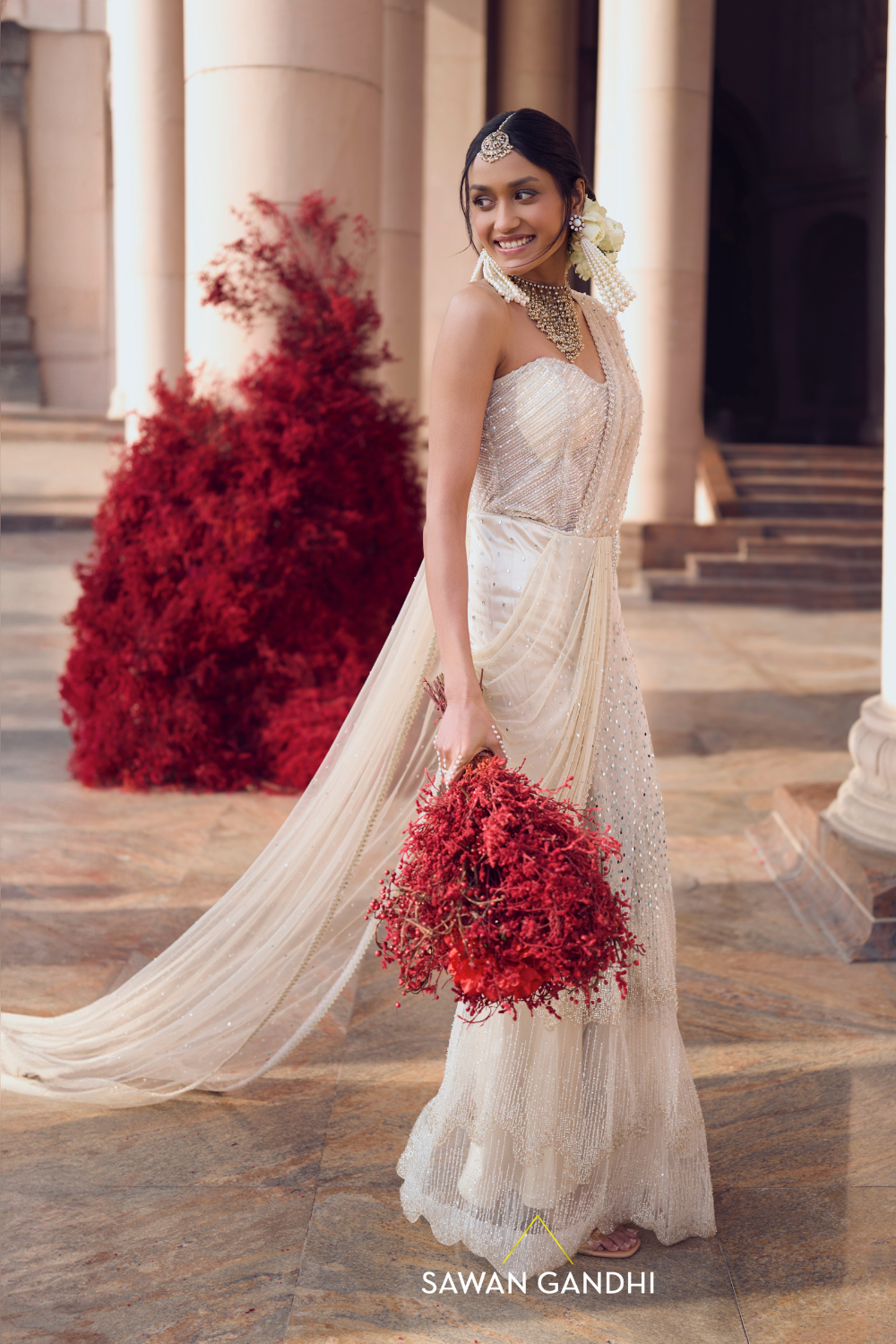 IVORY DRAPED SAREE WITH EMBELLISHED CORSET