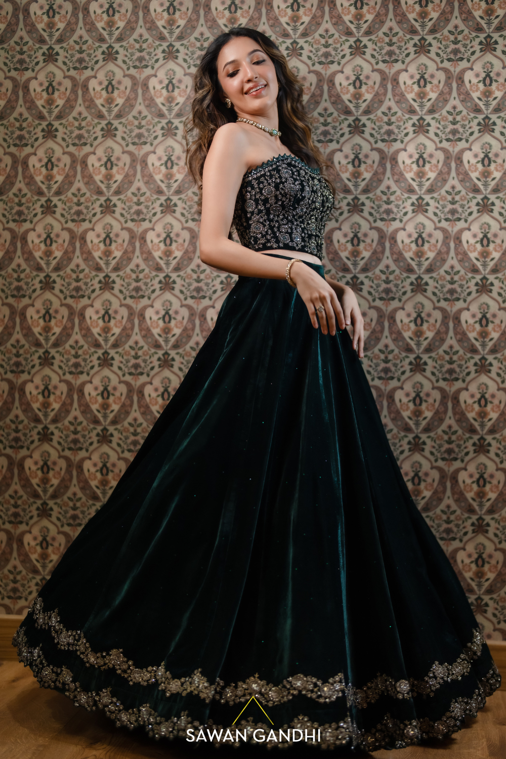 Neha Shetty in green velvet corset lehenga