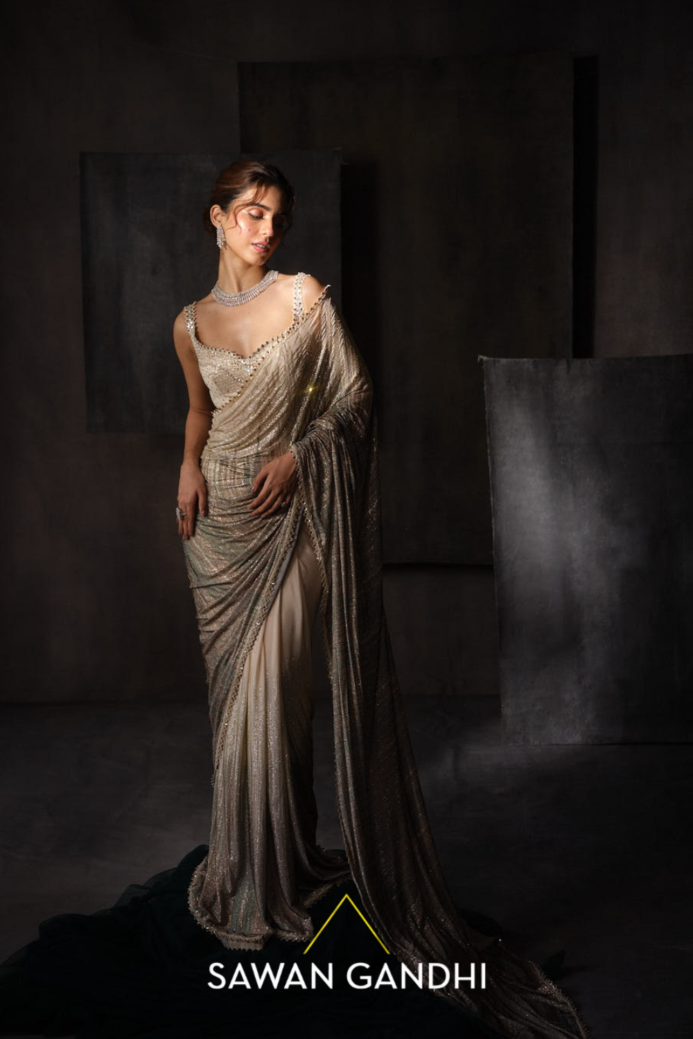 Ivory Swarovski saree