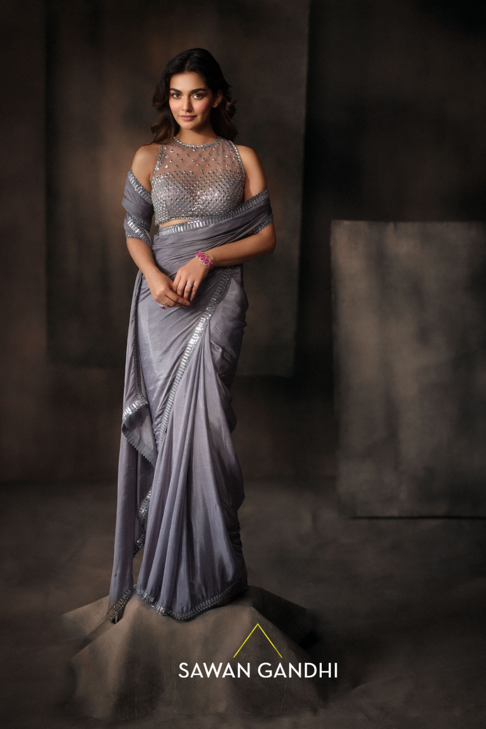 Grey mirror border saree