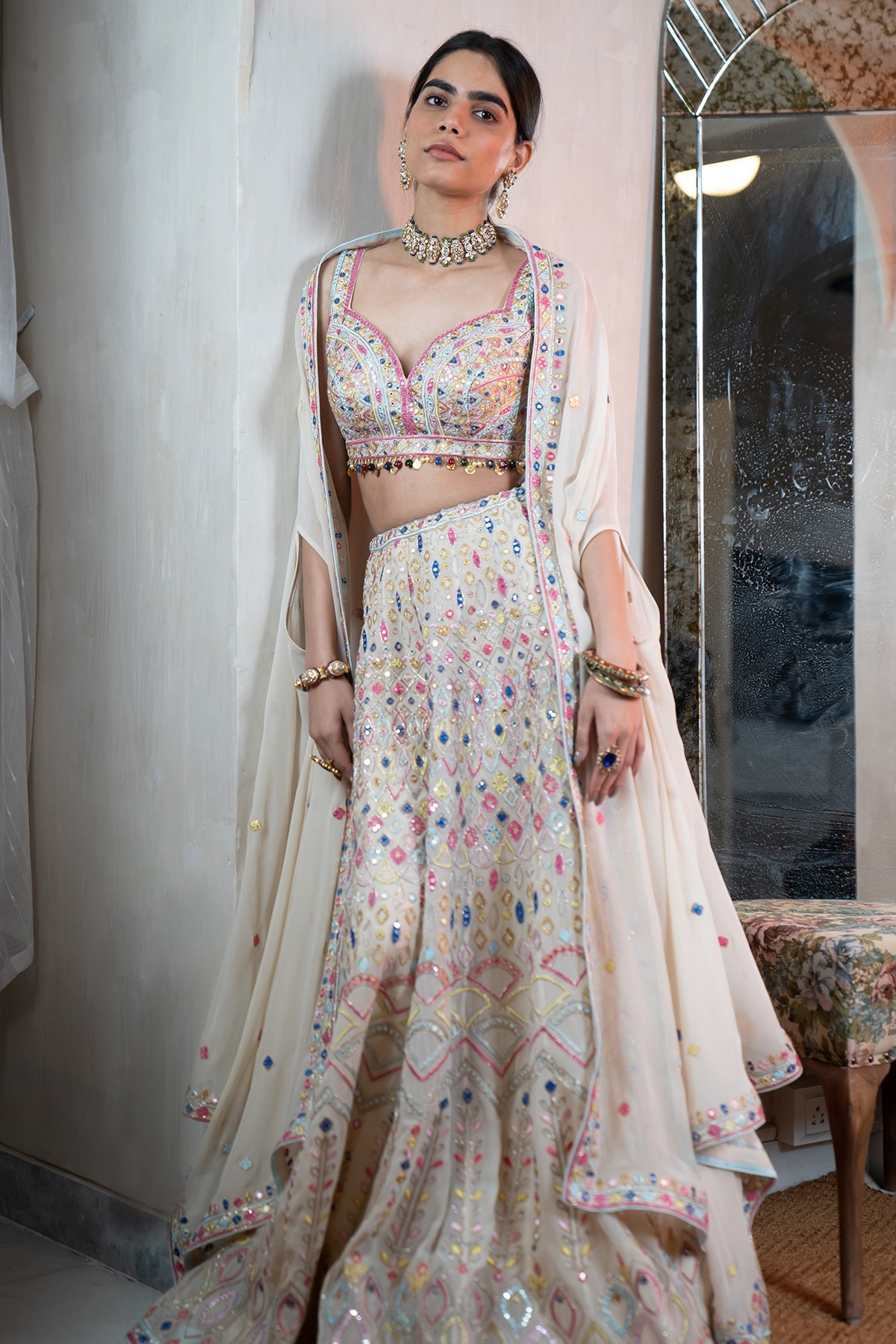 Ivory Georgette Embroidered High Waist Sharara with Cape