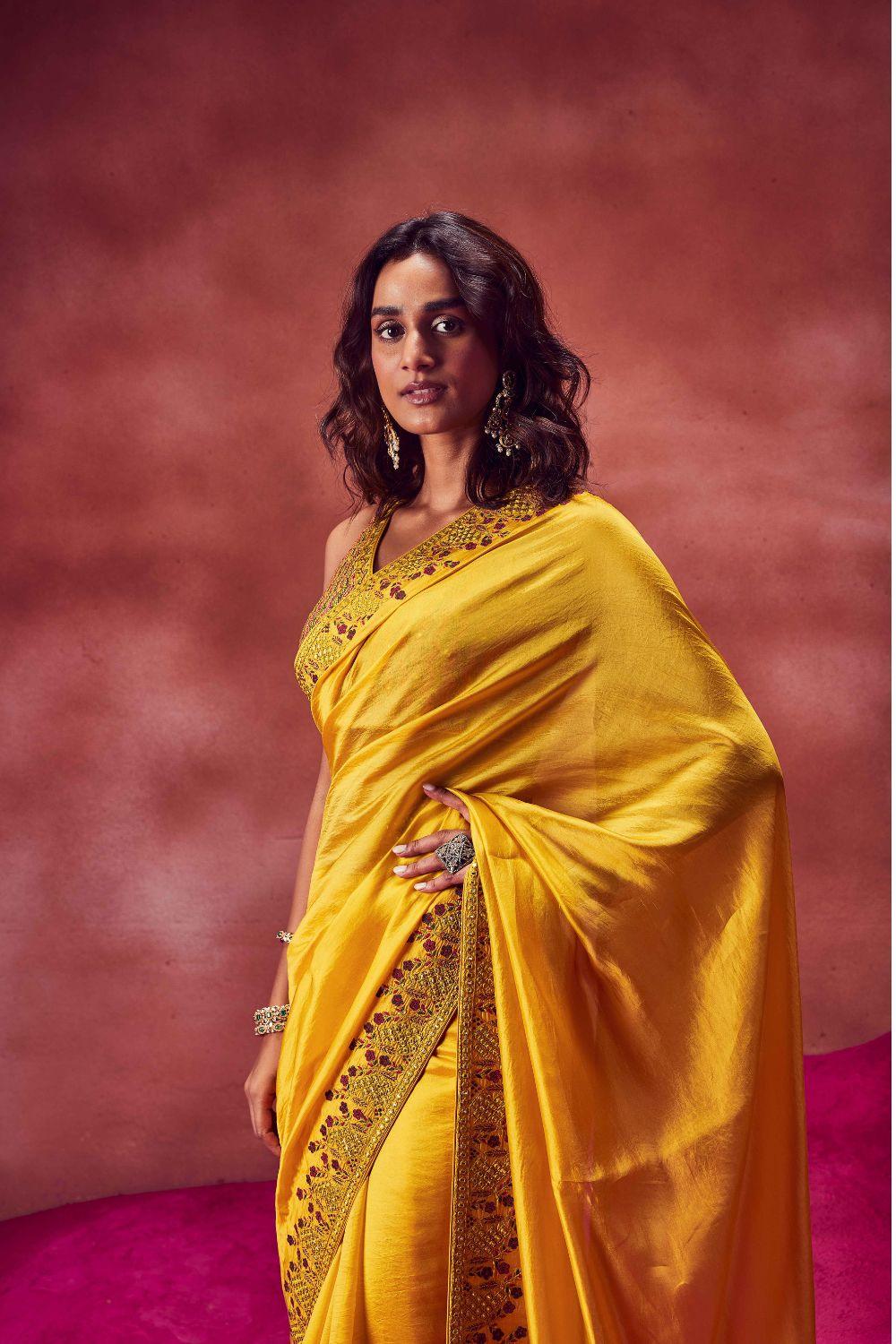 Yellow Resham Work Saree Set
