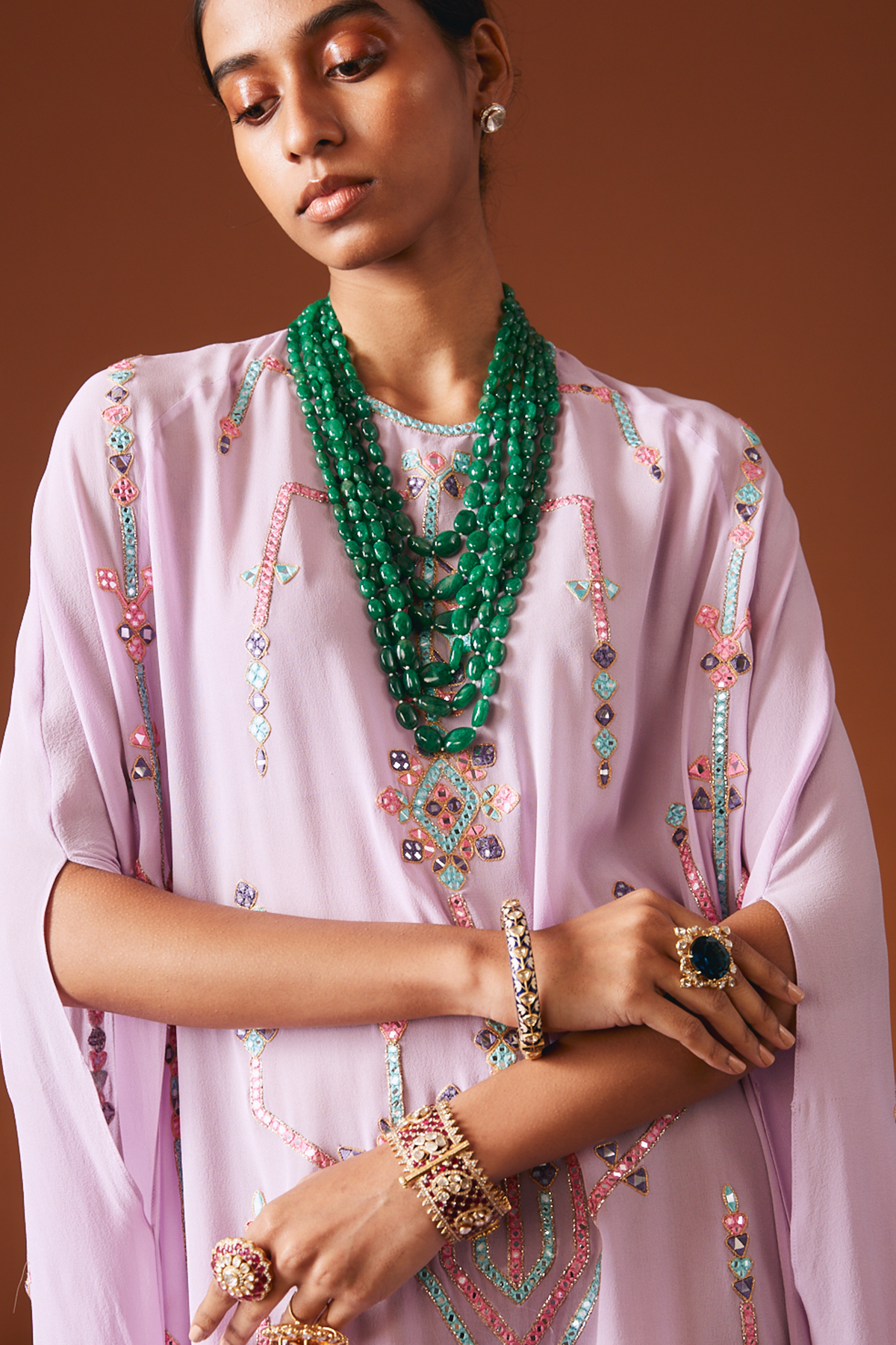 Lavender Georgette Aztek Embroidered Kaftan