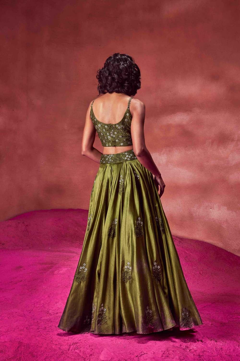 Olive Green Resham Work Lehenga Set