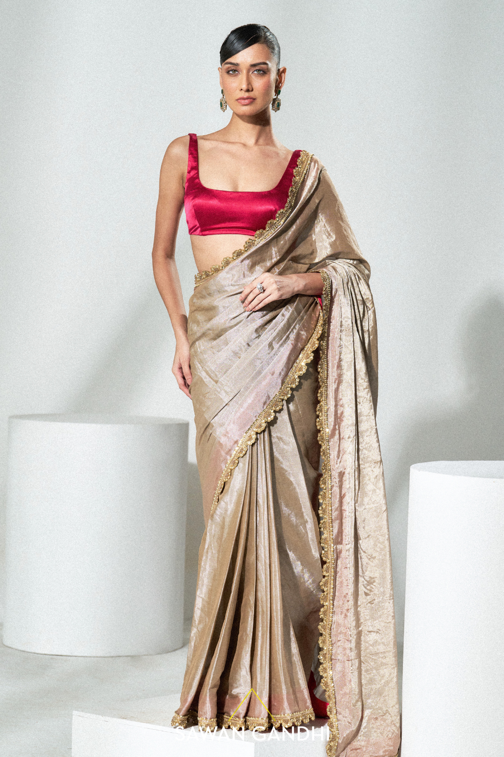 Champagne silver tissue saree