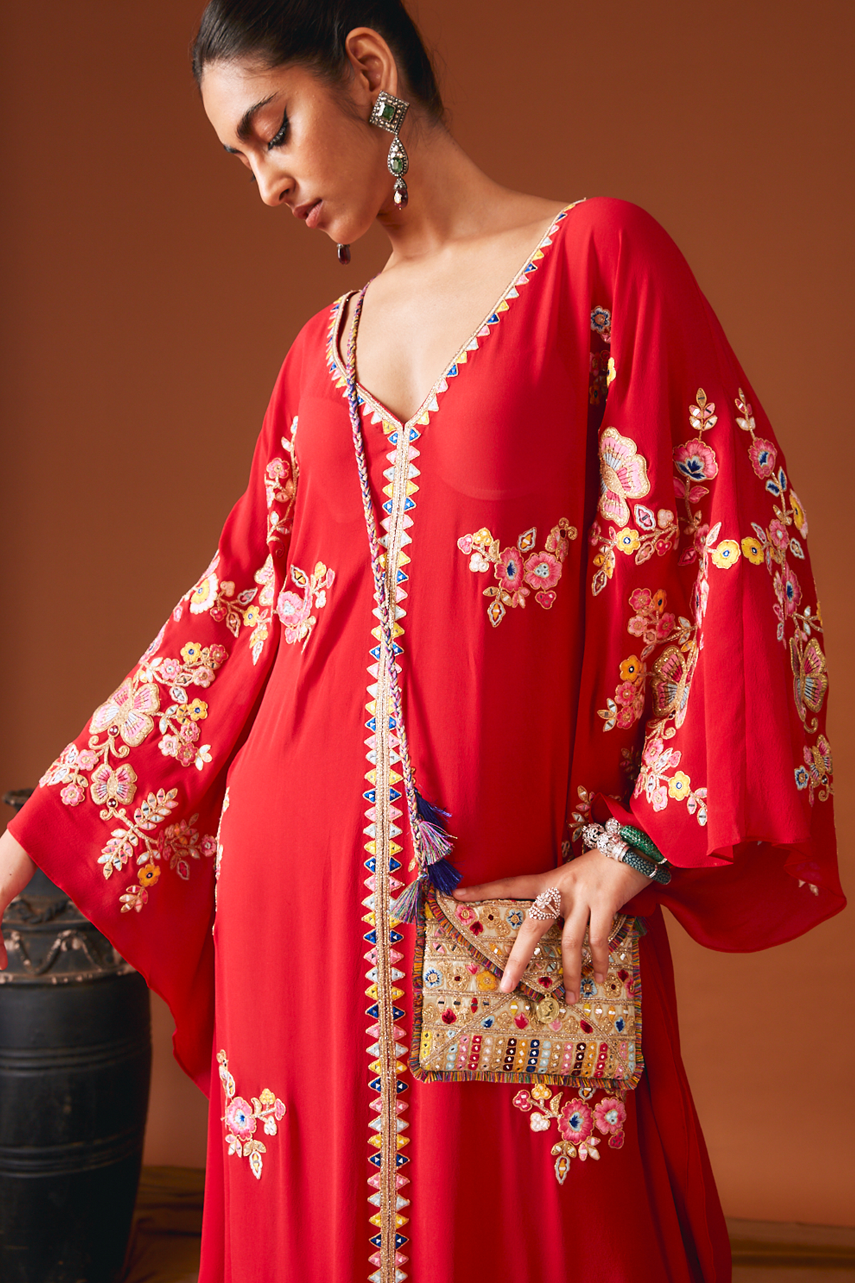 Red Georgette Floral Embroidered Kaftan